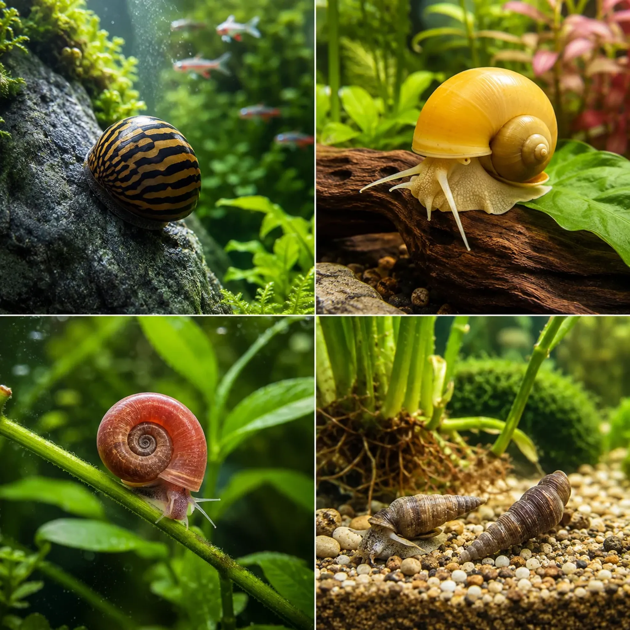 Aquarium Snail Guide: Nerite, Mystery, Ramshorn, and Malaysian Trumpet Snails Compared