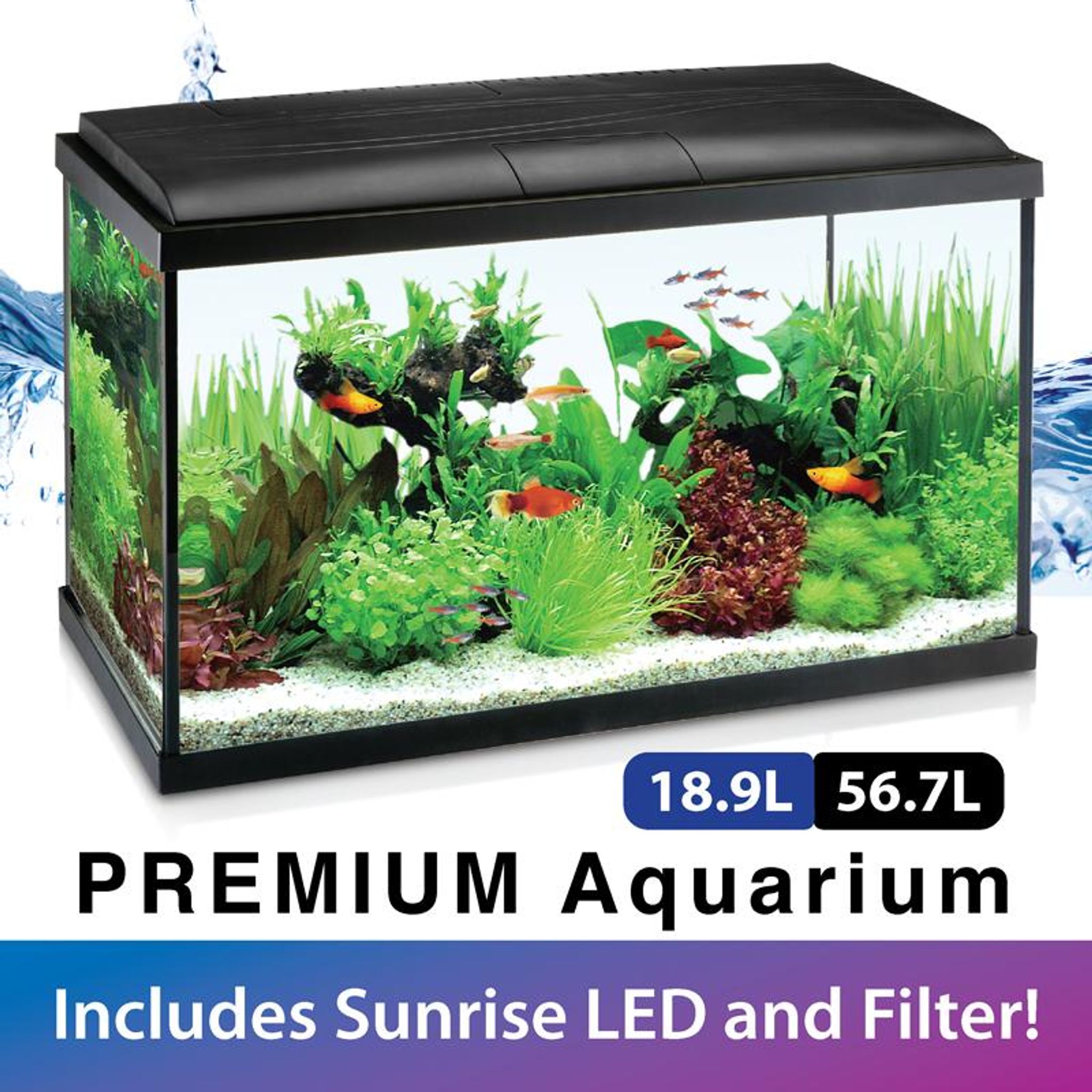 [Resun] 18.9L/56.7L Ripples Premium Aquarium Glass Fish Tank (with Filter and LED Lights)