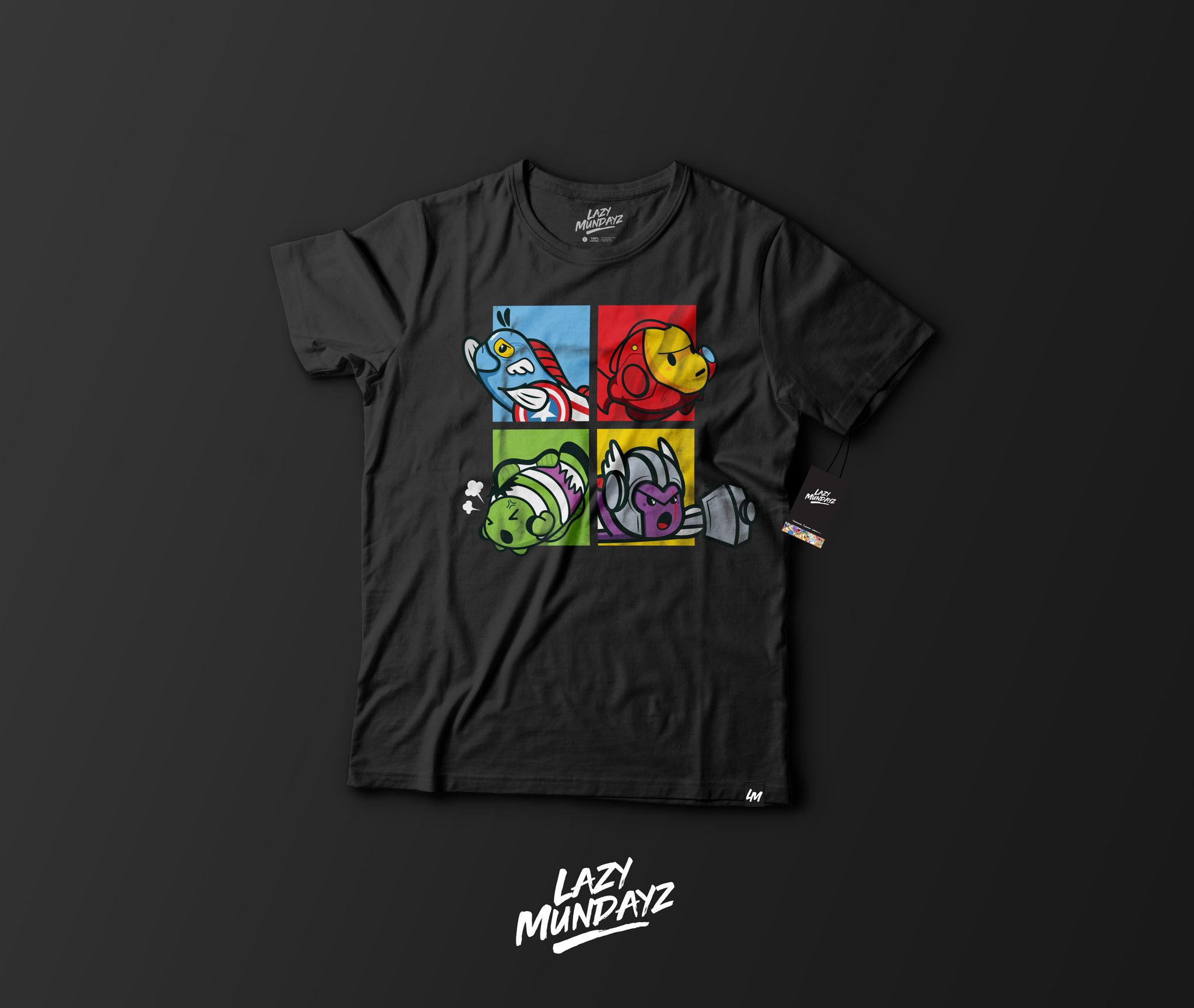 Lazymundayz Super Heroes Theme Fish Tshirt