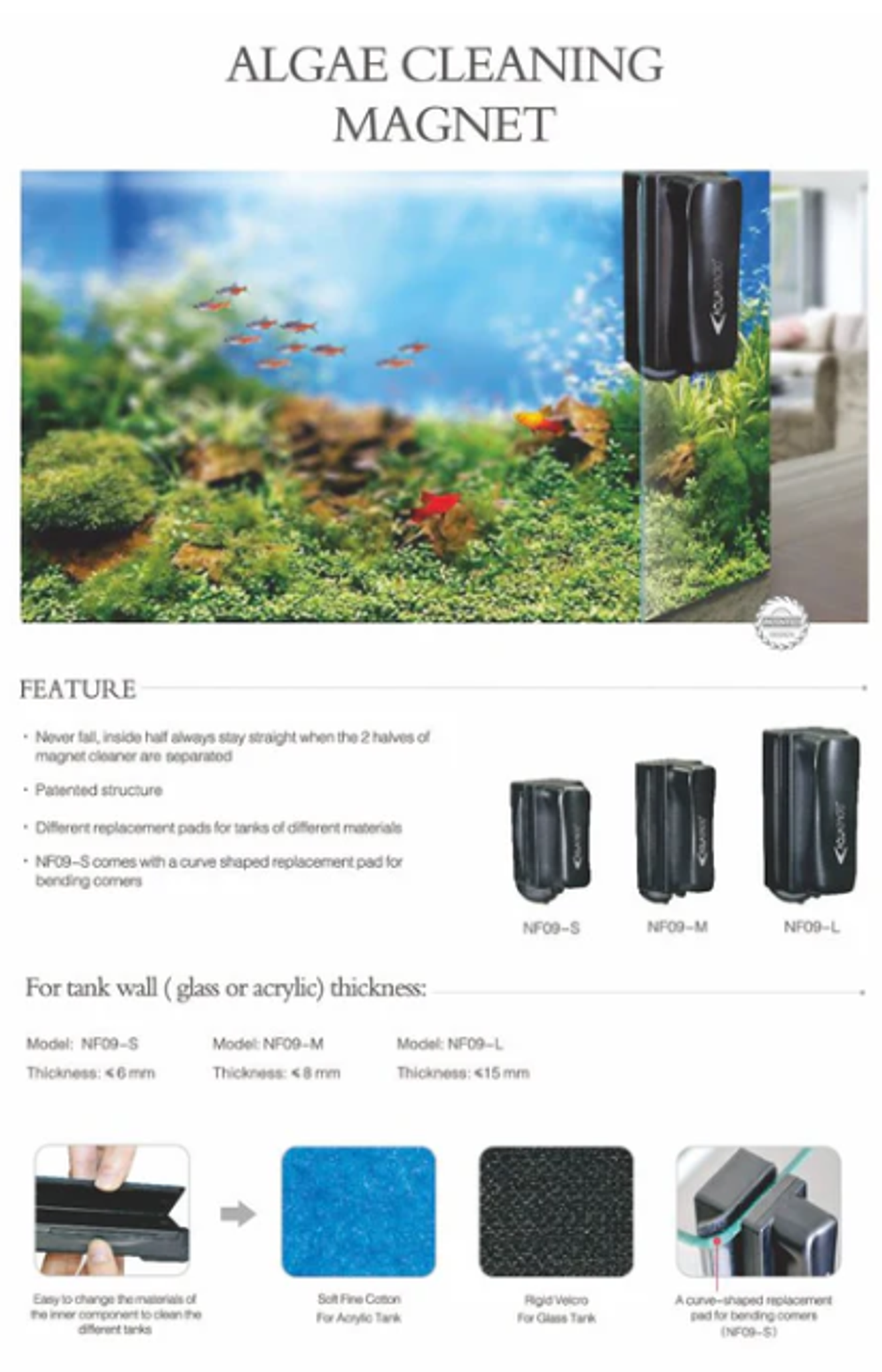 [Aquasyncro] Magnetic Algae Cleaner for Glass and Acrylic (up to 15mm)