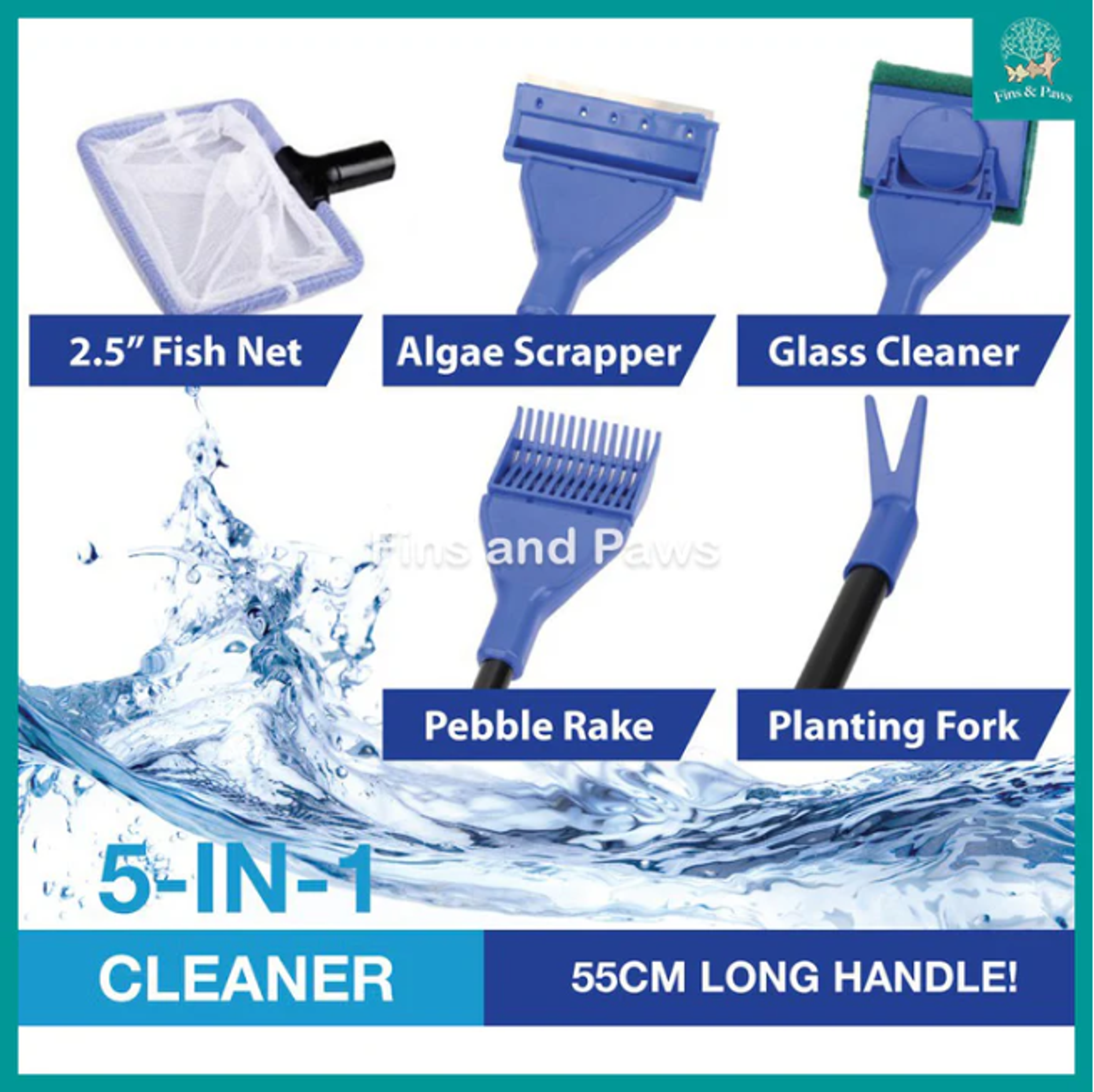 Aquarium 5-in-1 Cleaning Kit - Algae Scraper Fish Net Glass Cleaner Pebble Rake and Planting
