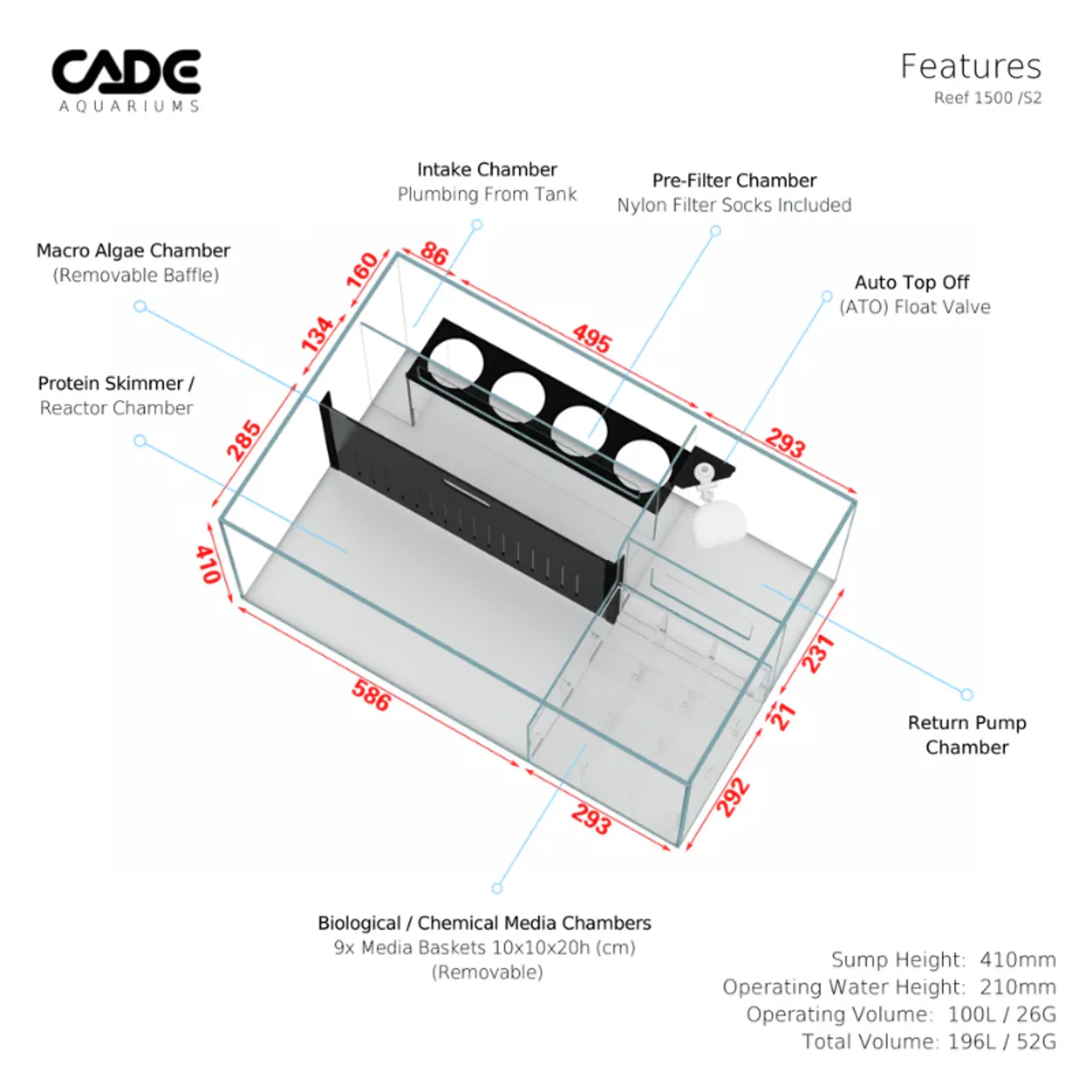 CADE Reef S2 Classic 1500 (Black/White) (150x70x60cm)