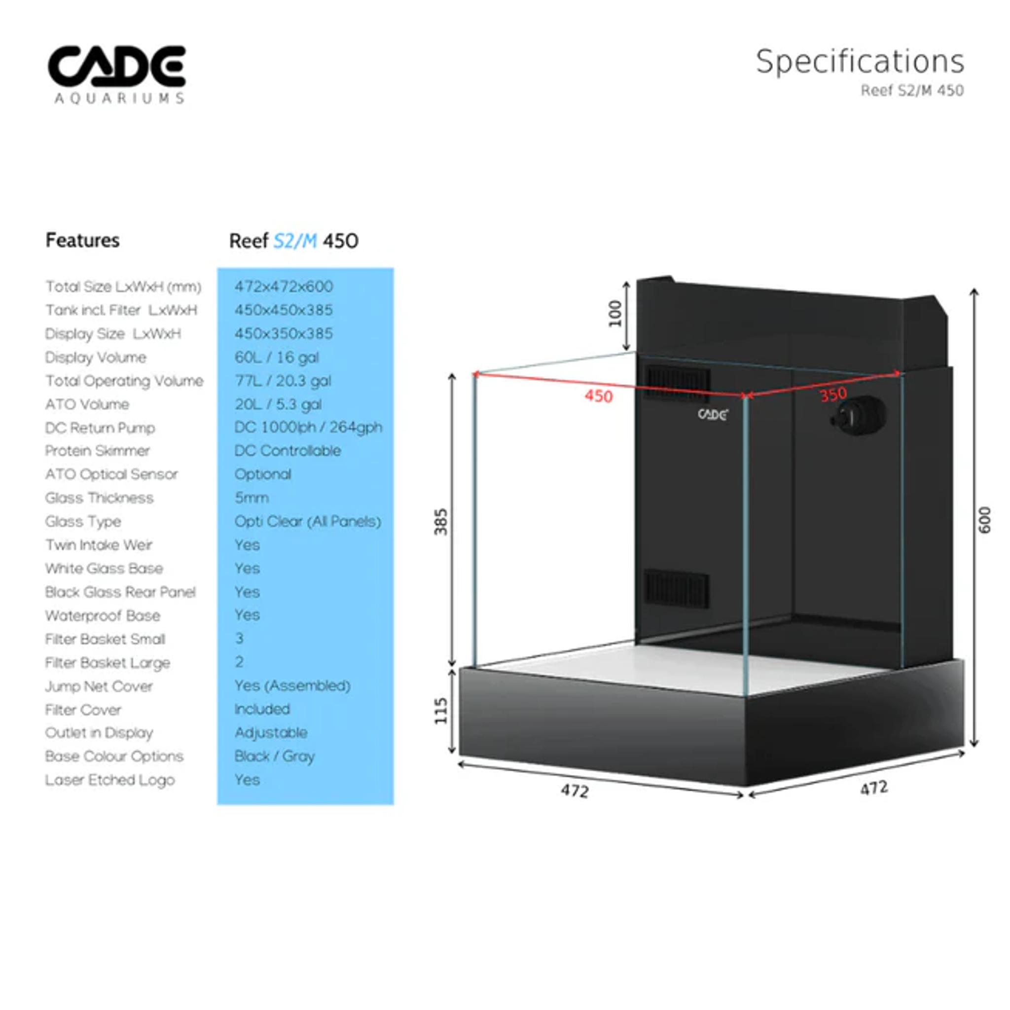 CADE Reef S2/M 450 Mini (Black) (45x45x38.5cm)
