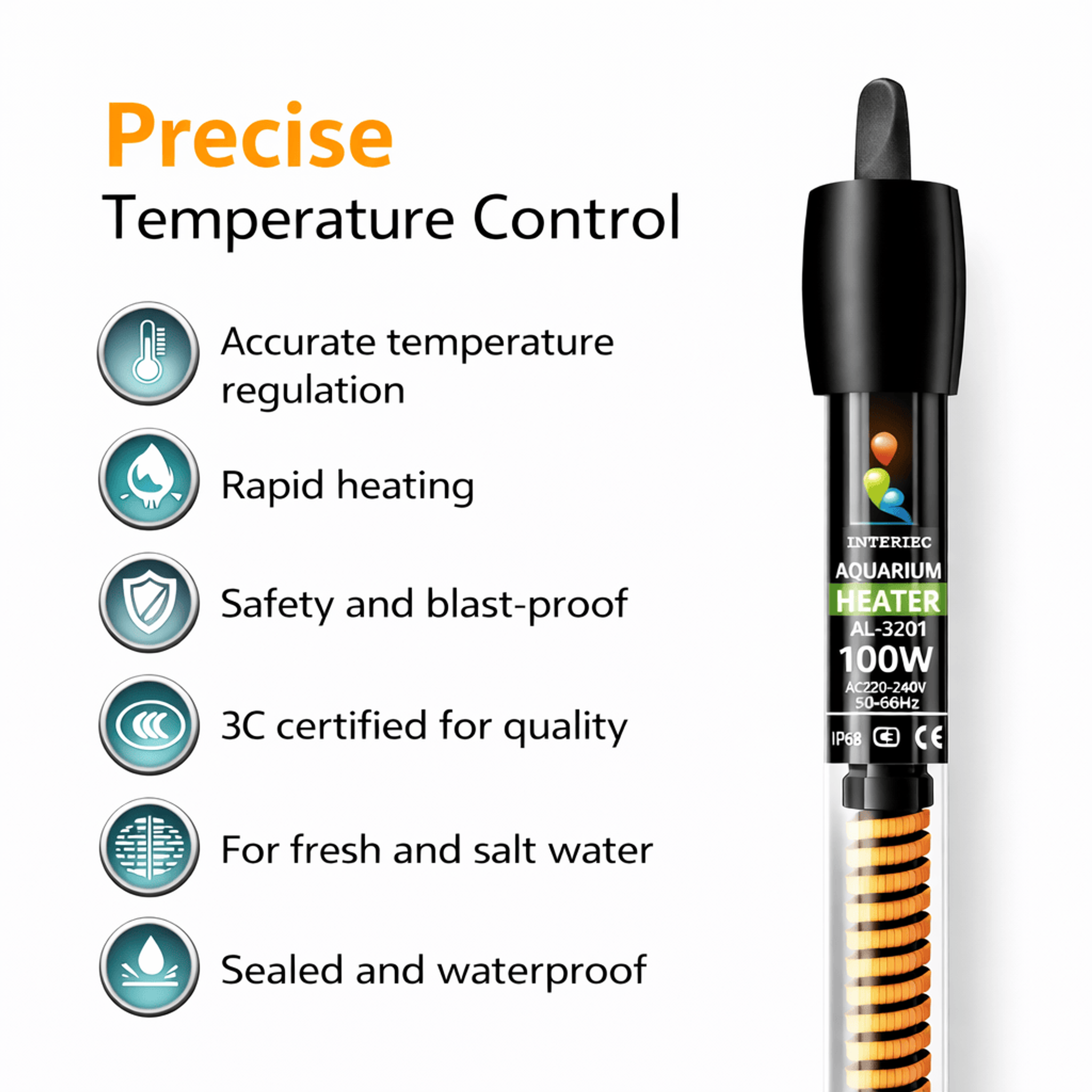 Jeneca AL-3201 Aquarium Heater (25W/50W/100W/150W/200W/300W) – Automatic Heater with Safety Quartz Glass Tube