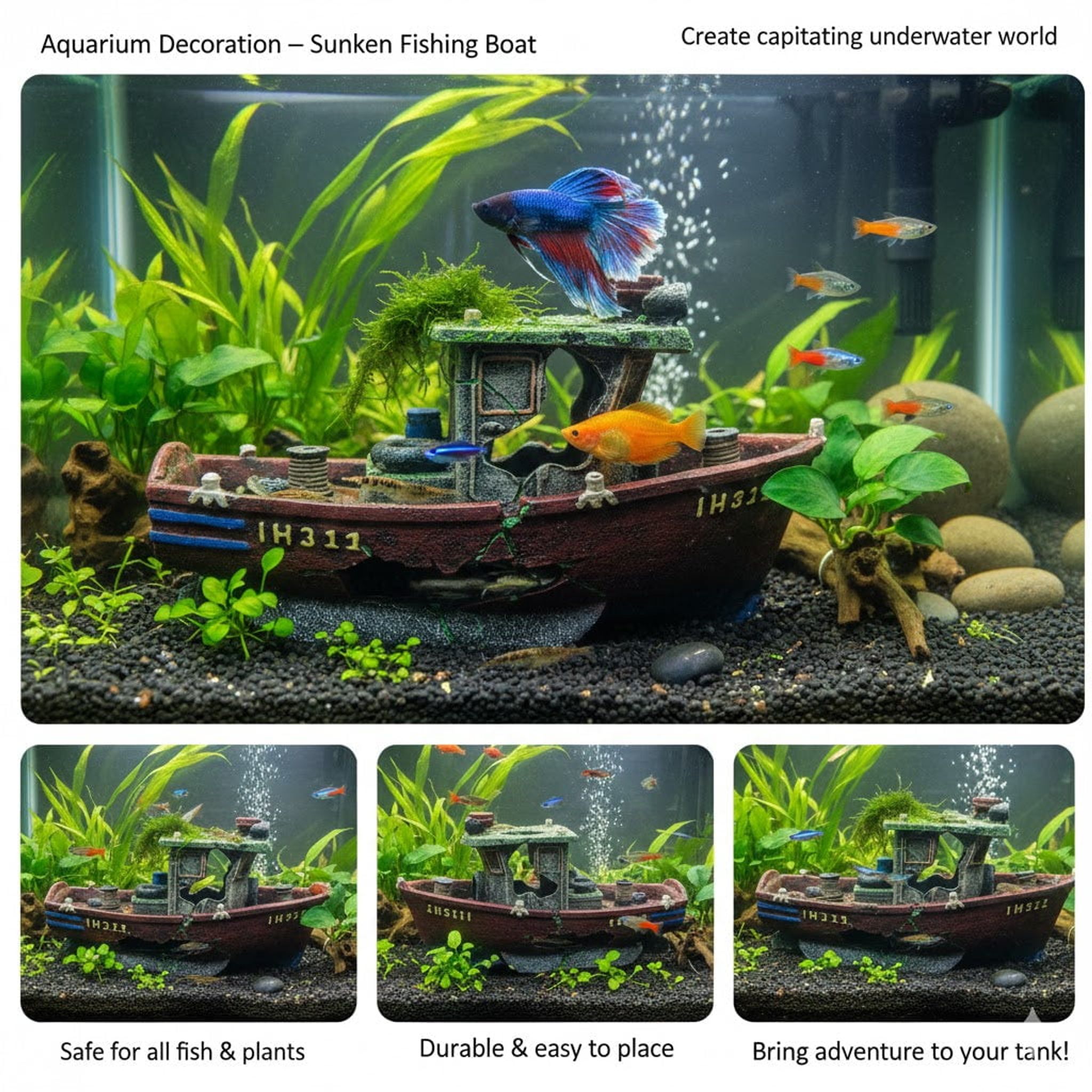 RQ20801 Boat Aquarium Decoration 23.5x10x12.5cm