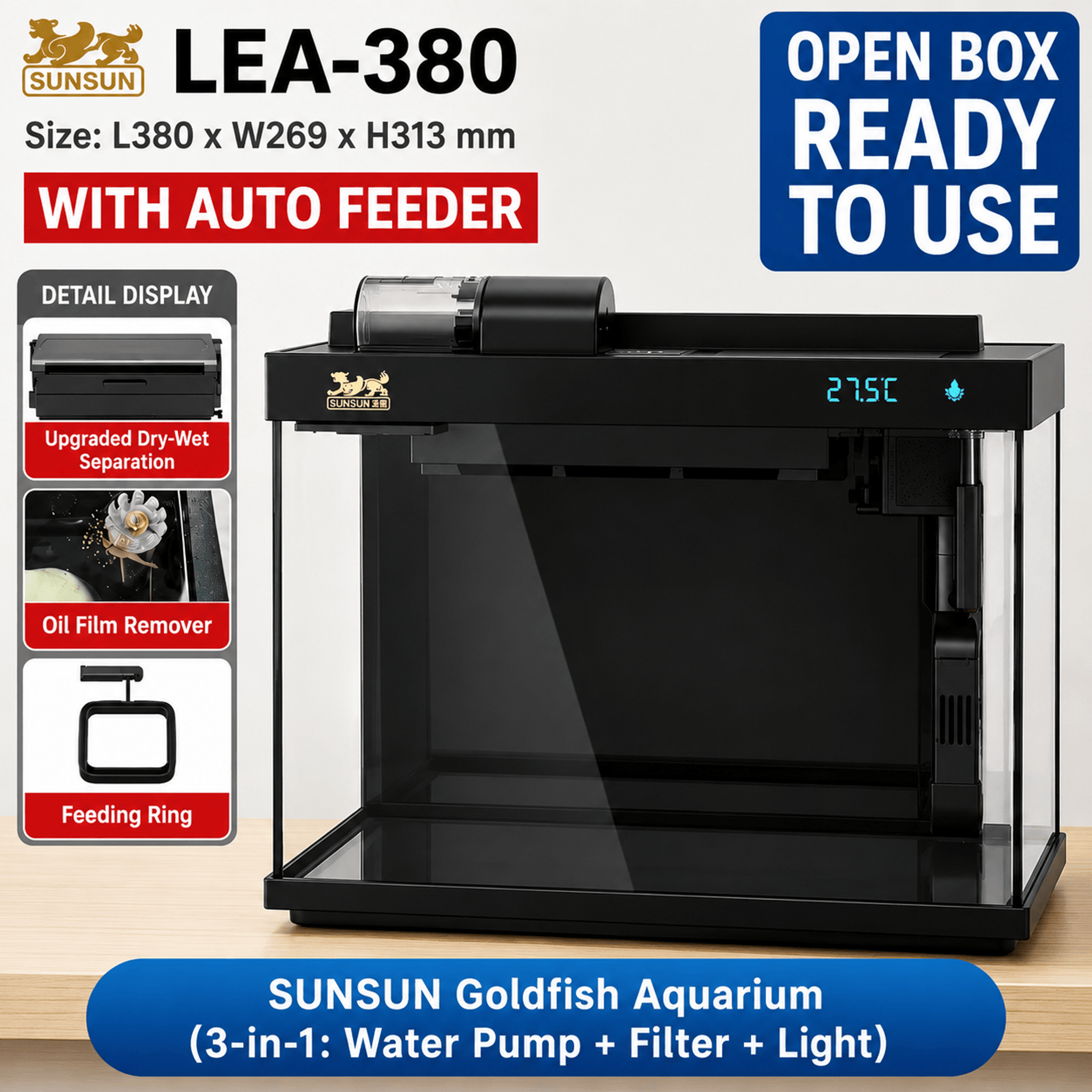 SUNSUN LEA-380/480A Black - Ultra Clear Desktop Aquarium Tank with Built-In Filter & LED Light
