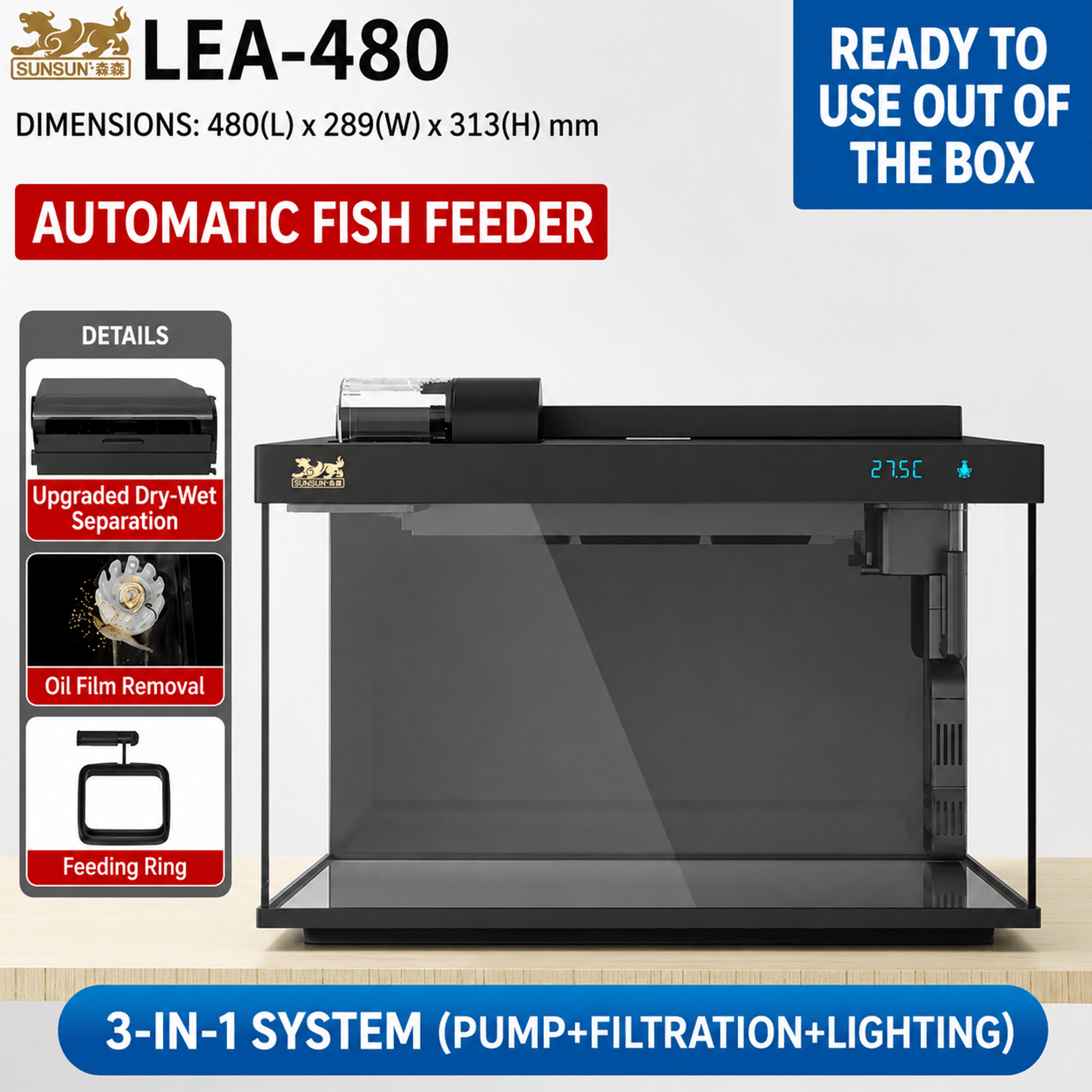 SUNSUN LEA-380/480A Black - Ultra Clear Desktop Aquarium Tank with Built-In Filter & LED Light