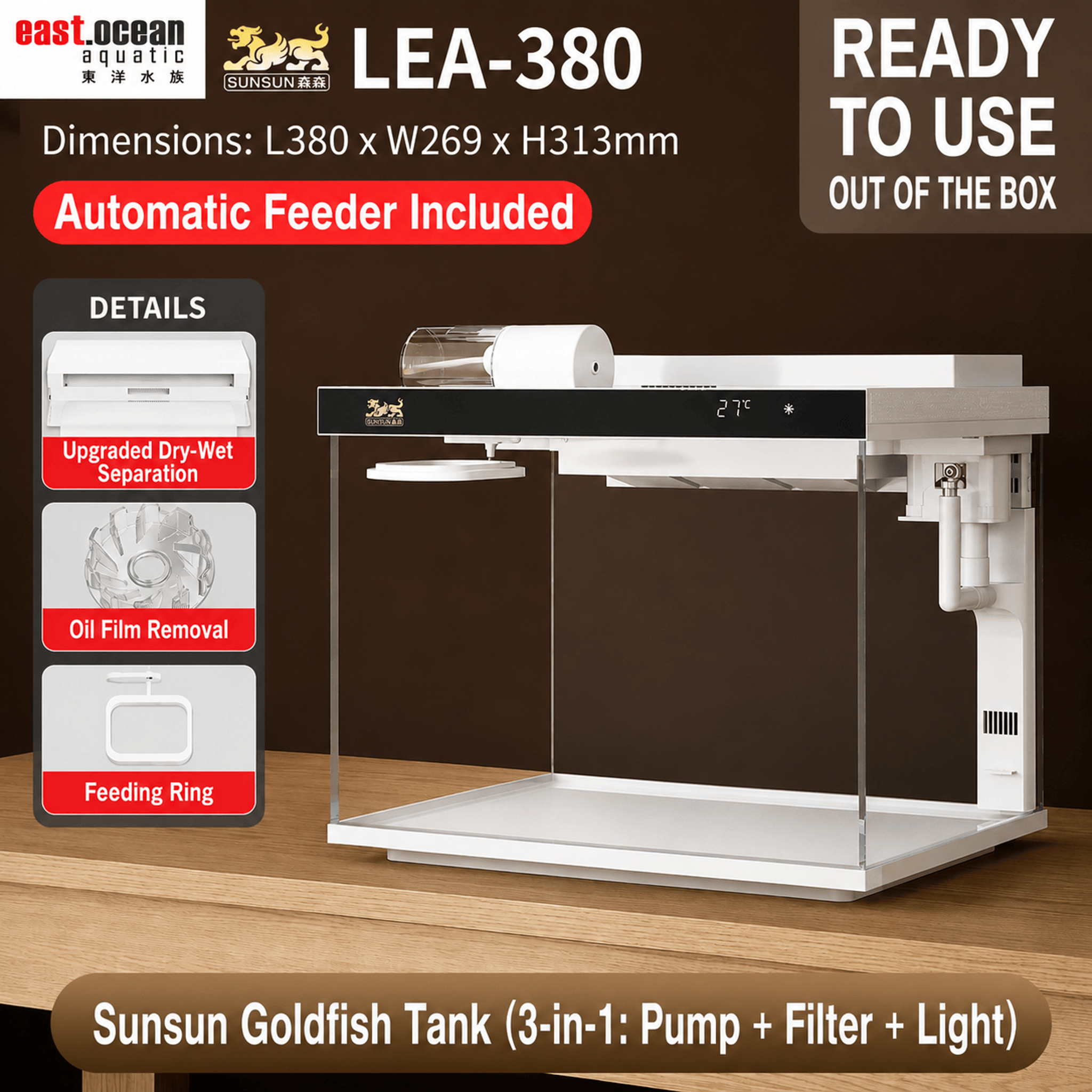 SUNSUN LEA-380/480A White - Ultra Clear Desktop Aquarium Tank with Built-In Filter & LED Light