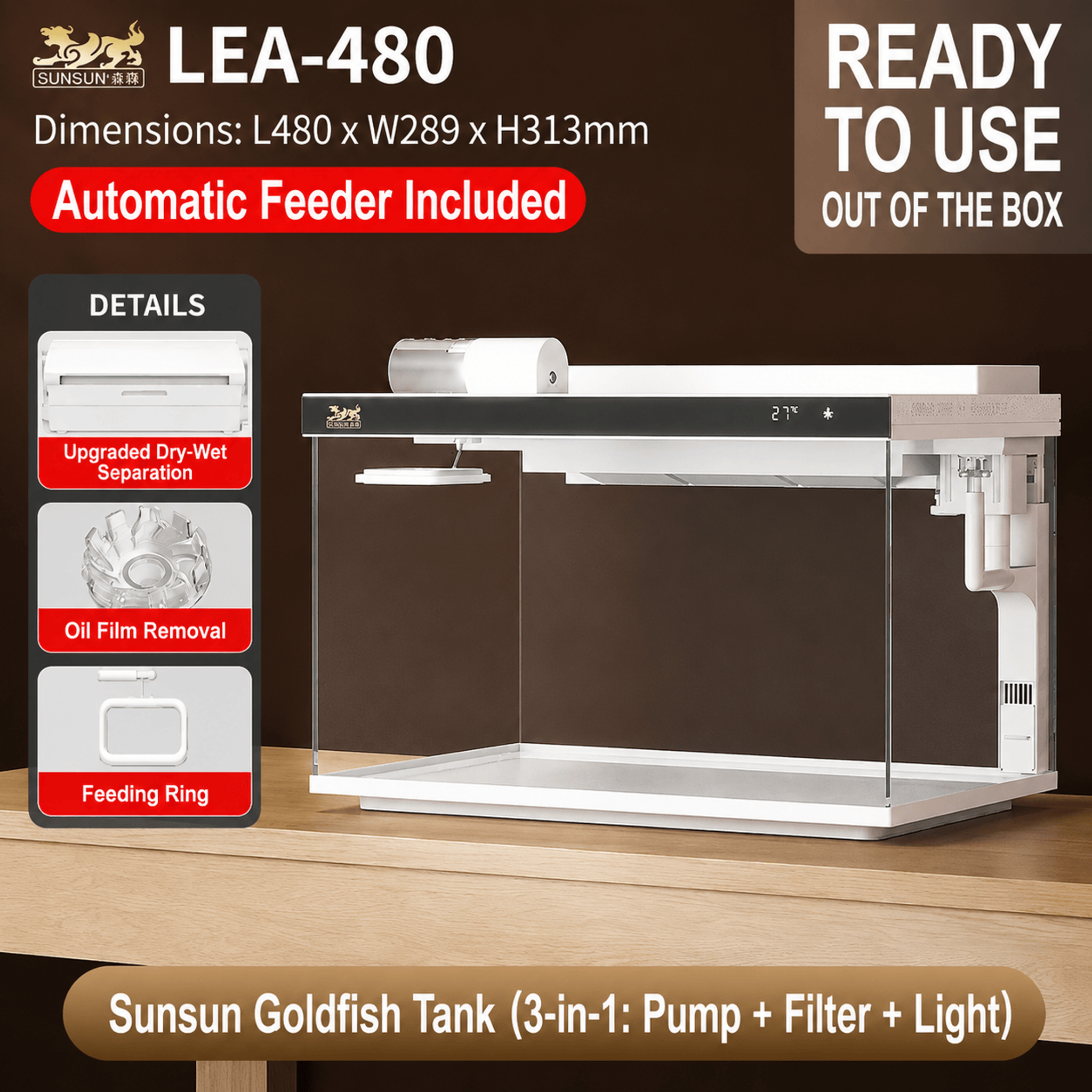 SUNSUN LEA-380/480A White - Ultra Clear Desktop Aquarium Tank with Built-In Filter & LED Light