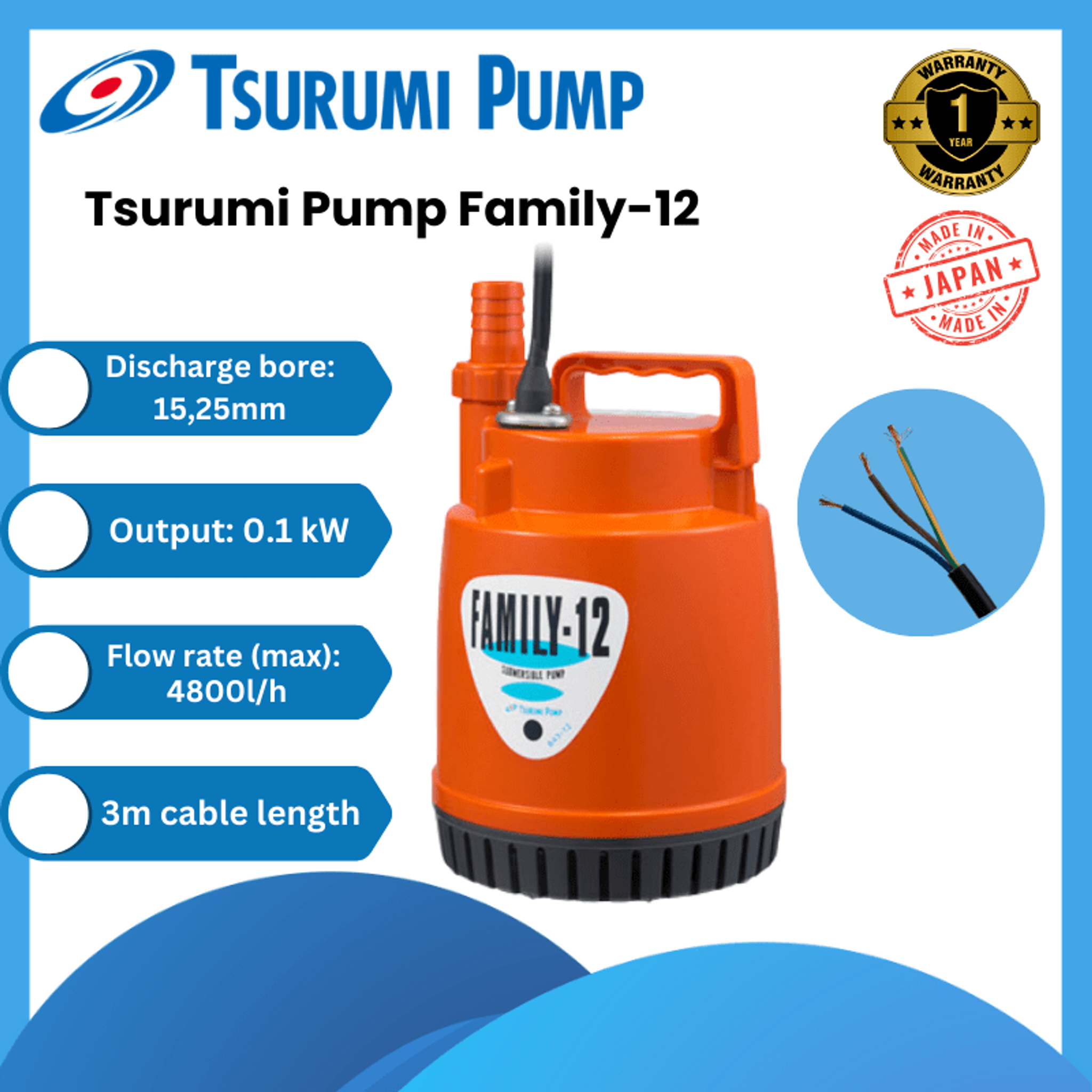 Tsurumi Pump Family-12 Submersible (4800l/h) (No Float)