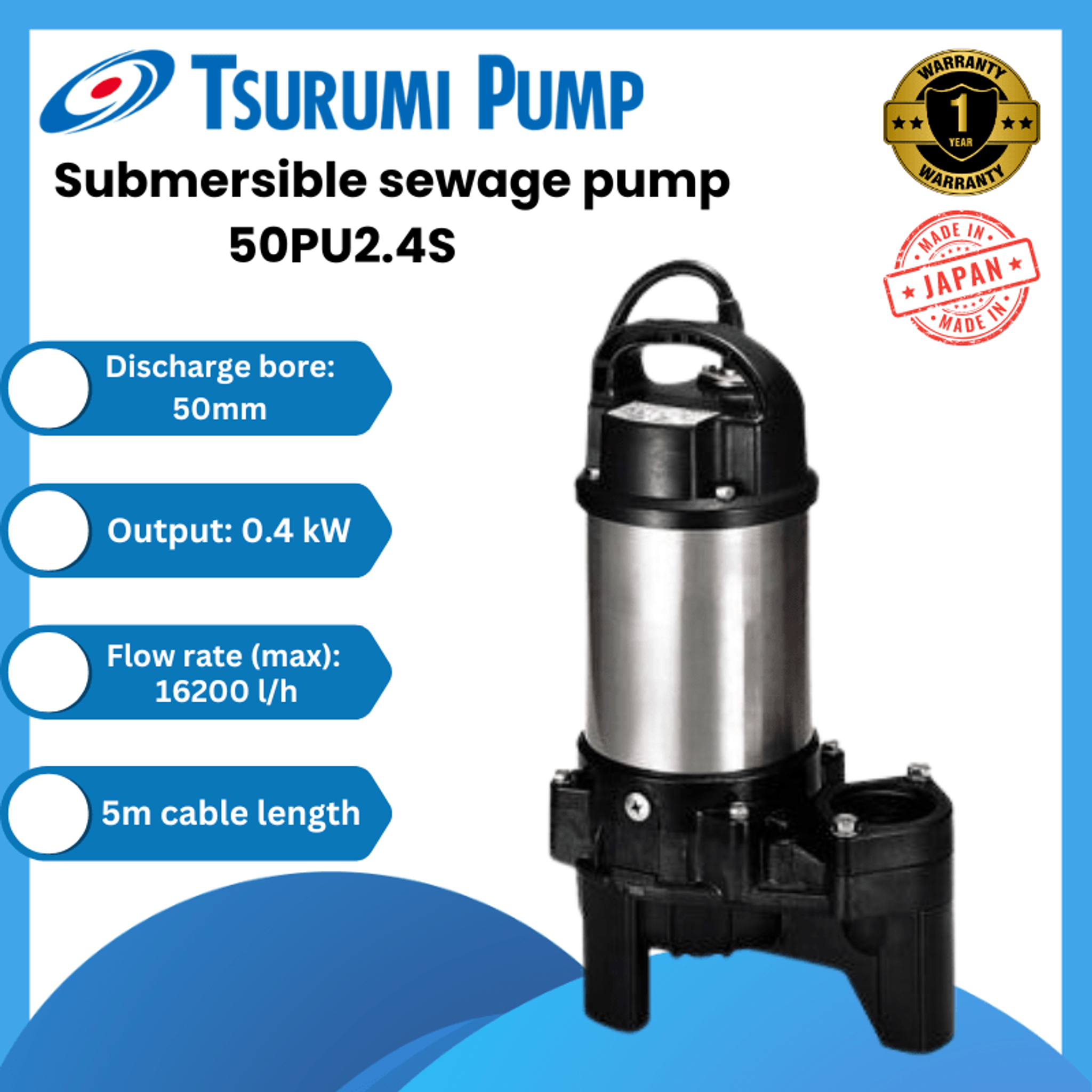 Tsurumi Submersible Sewage Pump - 50PU2.4S (No Float)