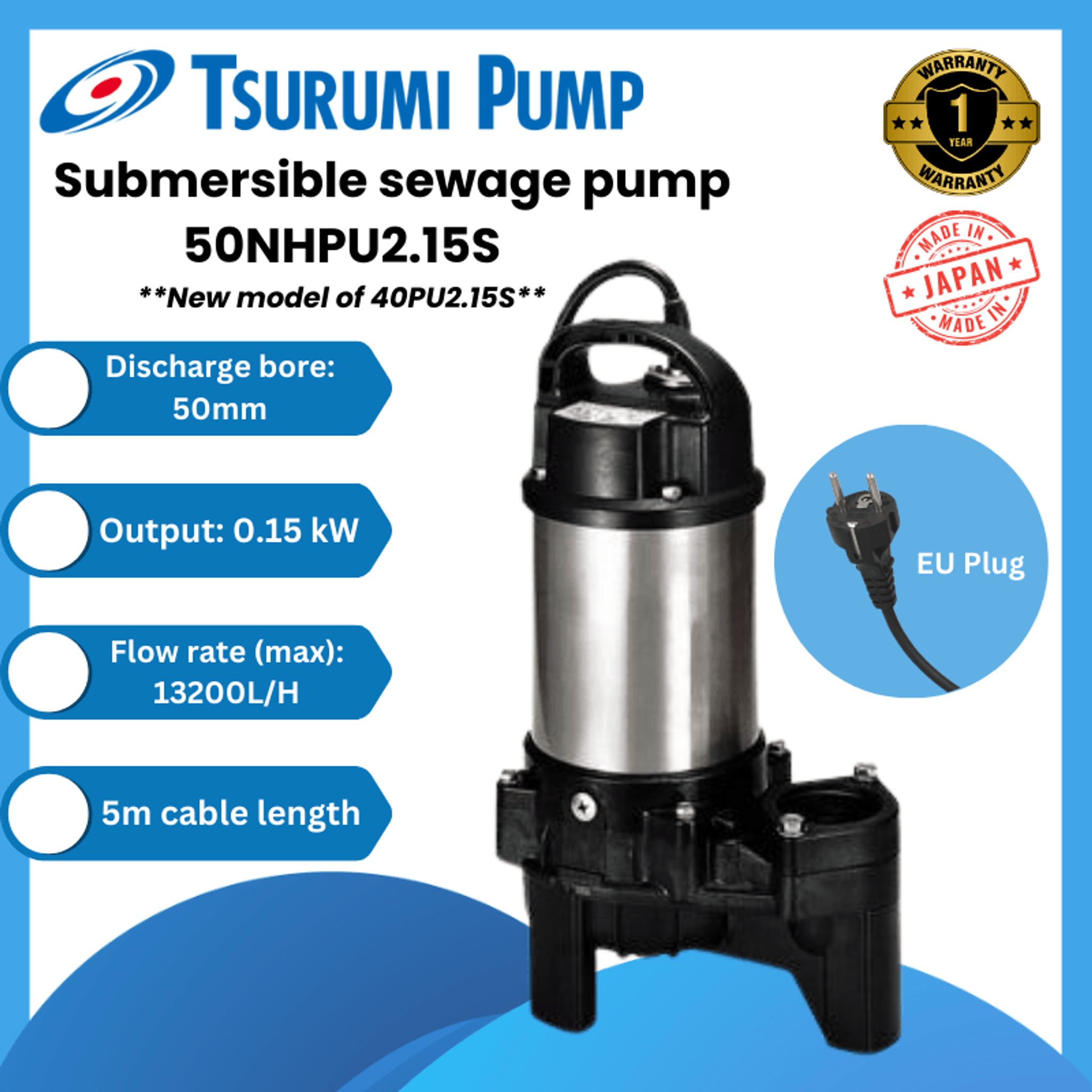 Tsurumi Submersible Sewage Pump - 50NHPU2.15S (No Float)