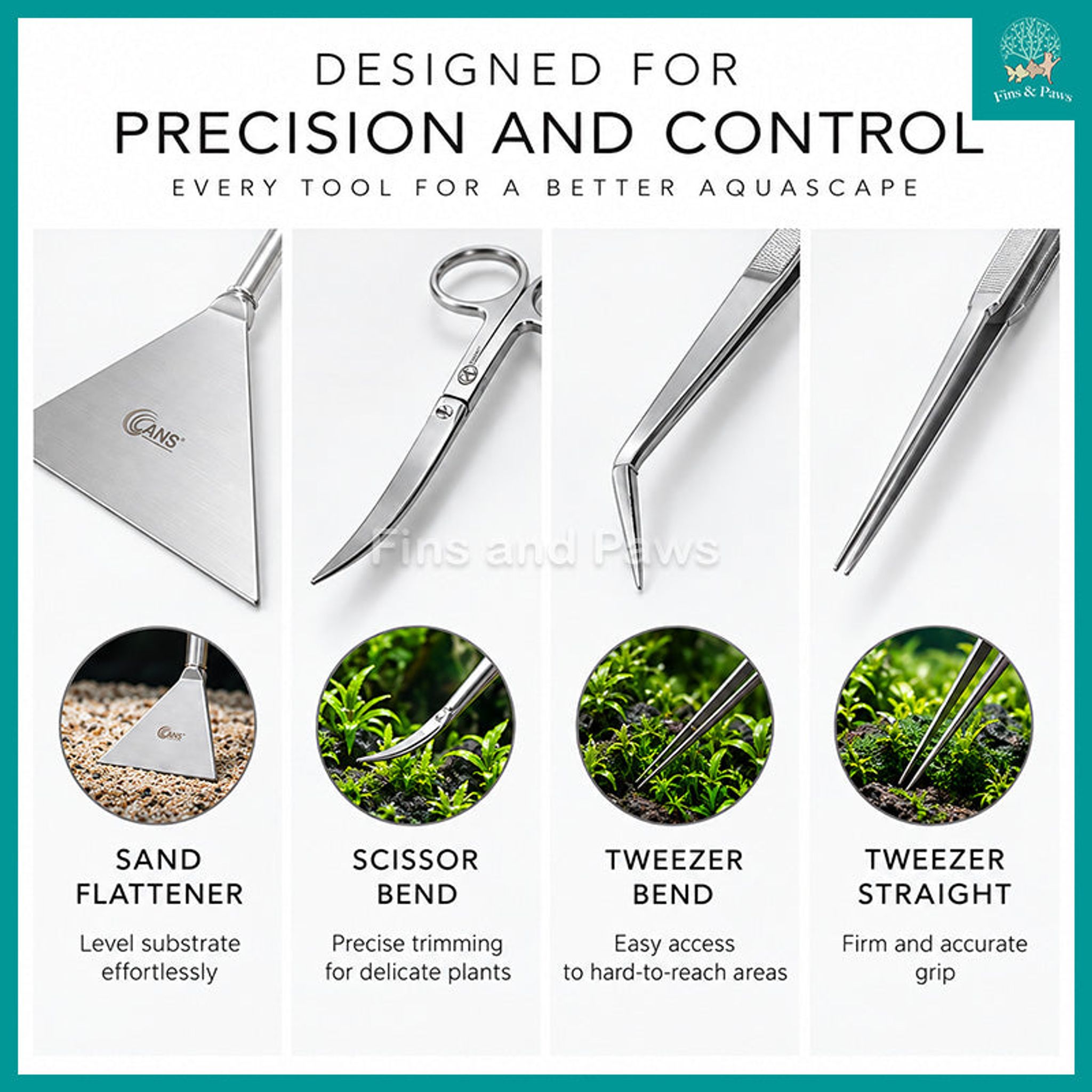 [ANS] PRO Aquascaping Tools for Planted Aquarium Tanks (Sand Flattener / Scissor Bend / Tweezer Bend / Tweezer Straight)
