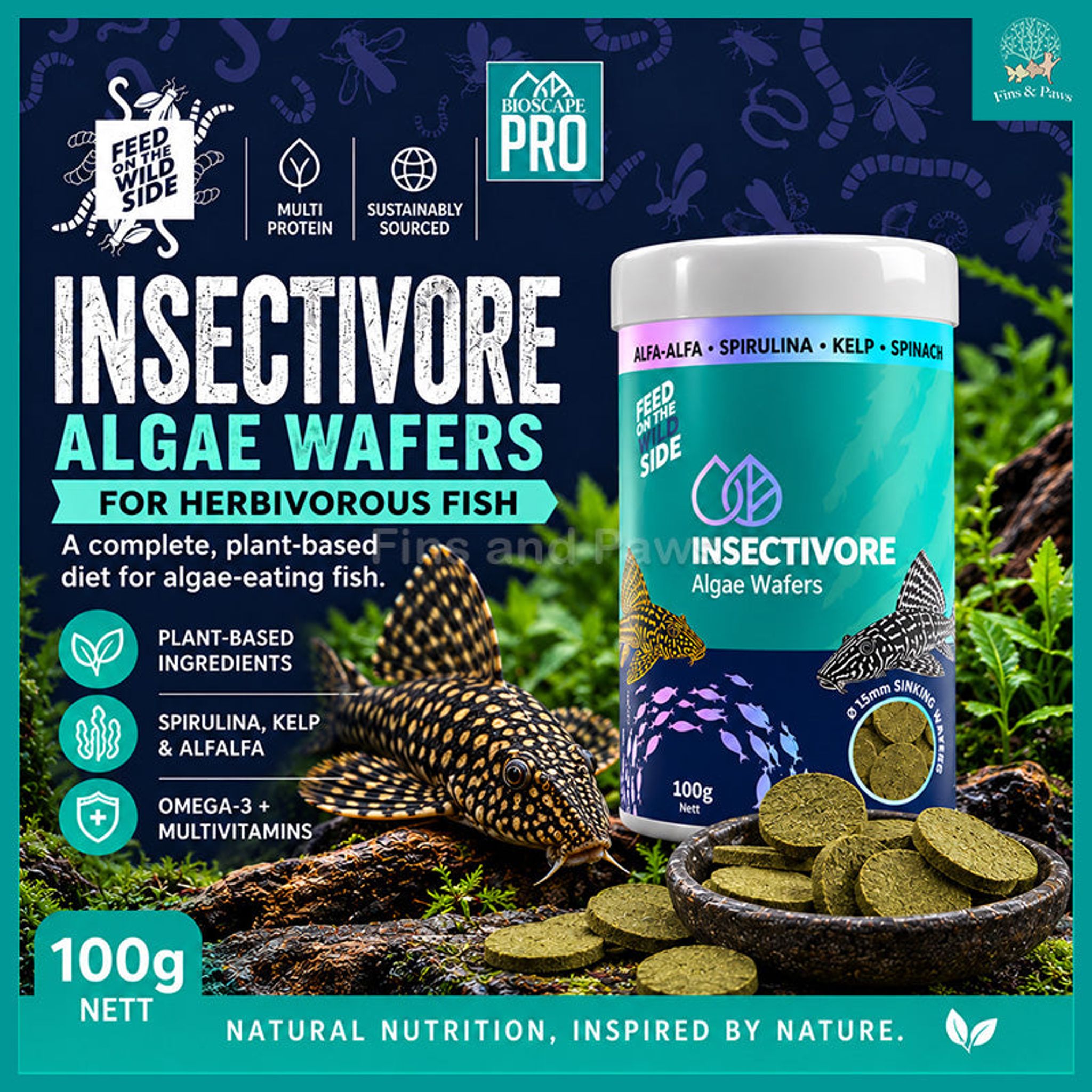 Bioscape Insectivore Algae Wafers 100g – Fish Food for Herbivorous Fish, Plecos and other Algae-eating Catfish