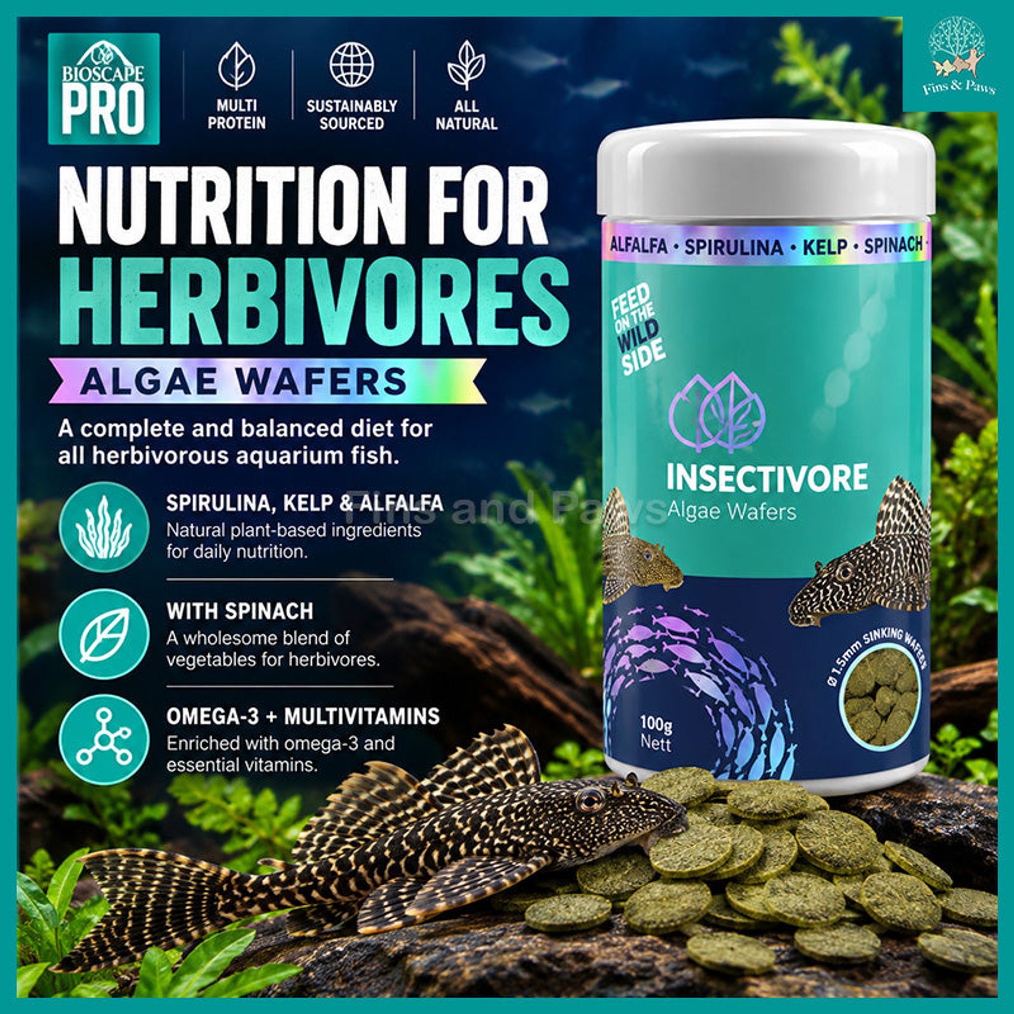 Bioscape Insectivore Algae Wafers 100g – Fish Food for Herbivorous Fish, Plecos and other Algae-eating Catfish