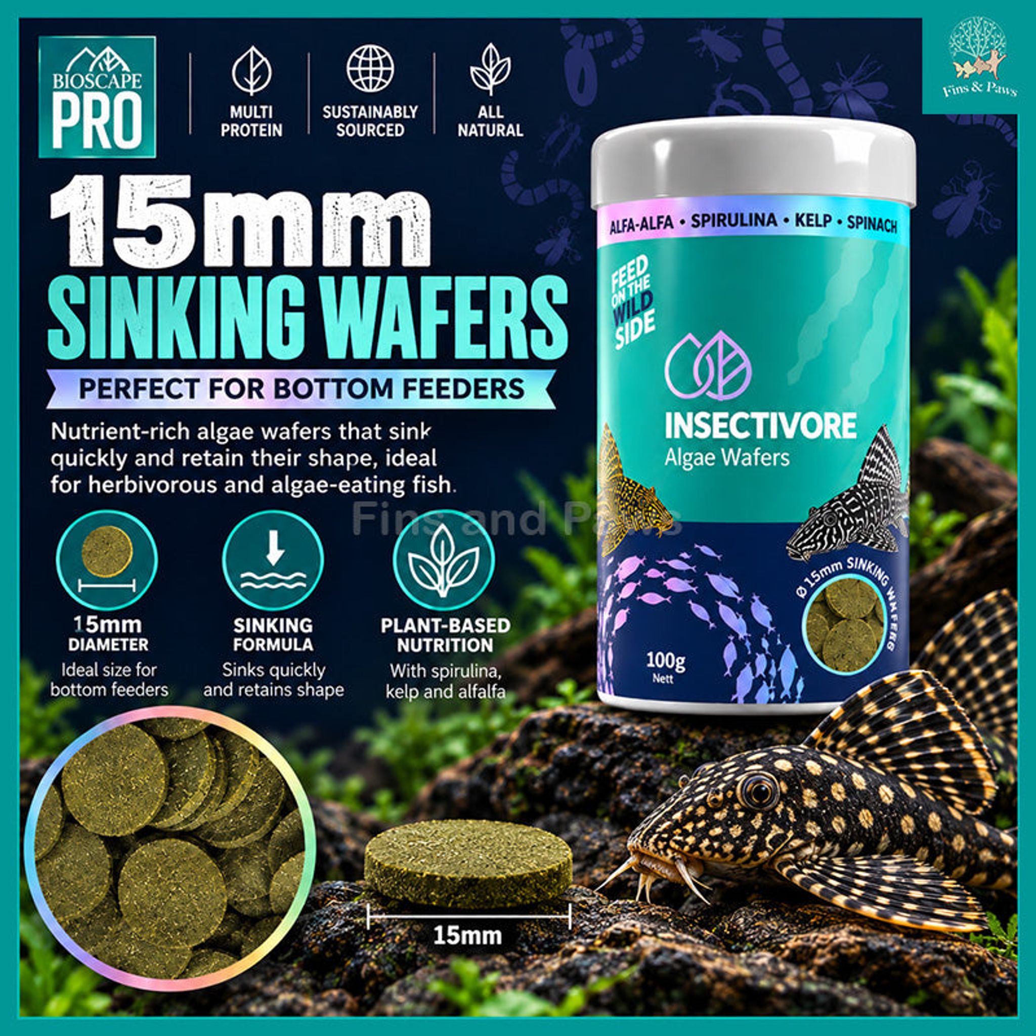 Bioscape Insectivore Algae Wafers 100g – Fish Food for Herbivorous Fish, Plecos and other Algae-eating Catfish