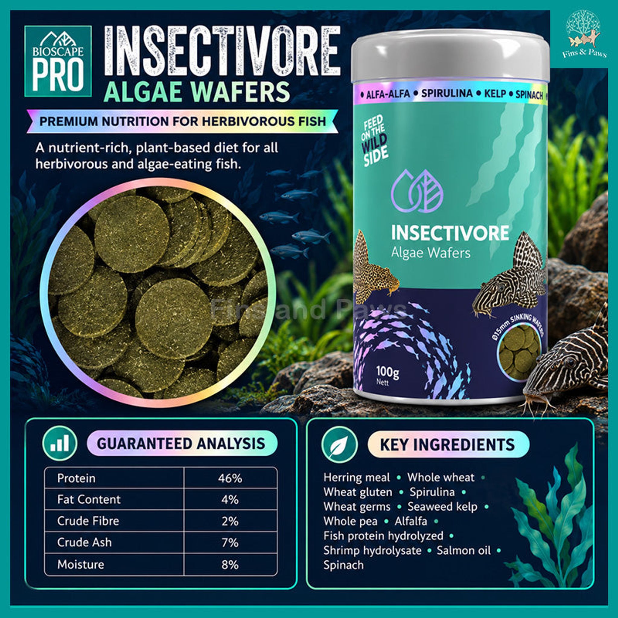 Bioscape Insectivore Algae Wafers 100g – Fish Food for Herbivorous Fish, Plecos and other Algae-eating Catfish