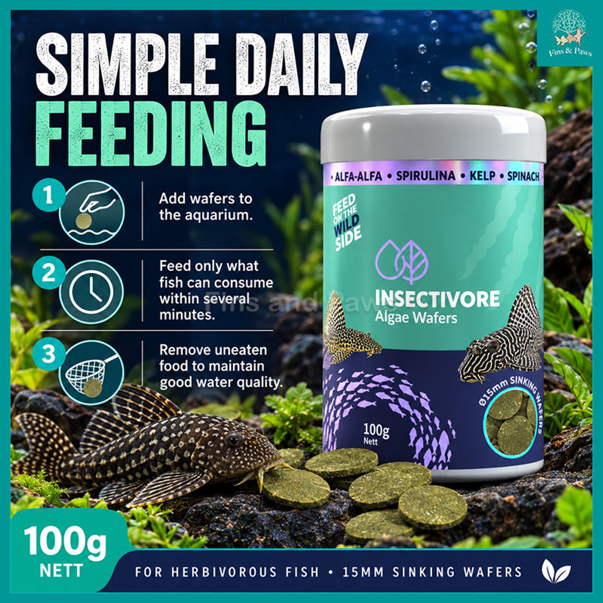Bioscape Insectivore Algae Wafers 100g – Fish Food for Herbivorous Fish, Plecos and other Algae-eating Catfish