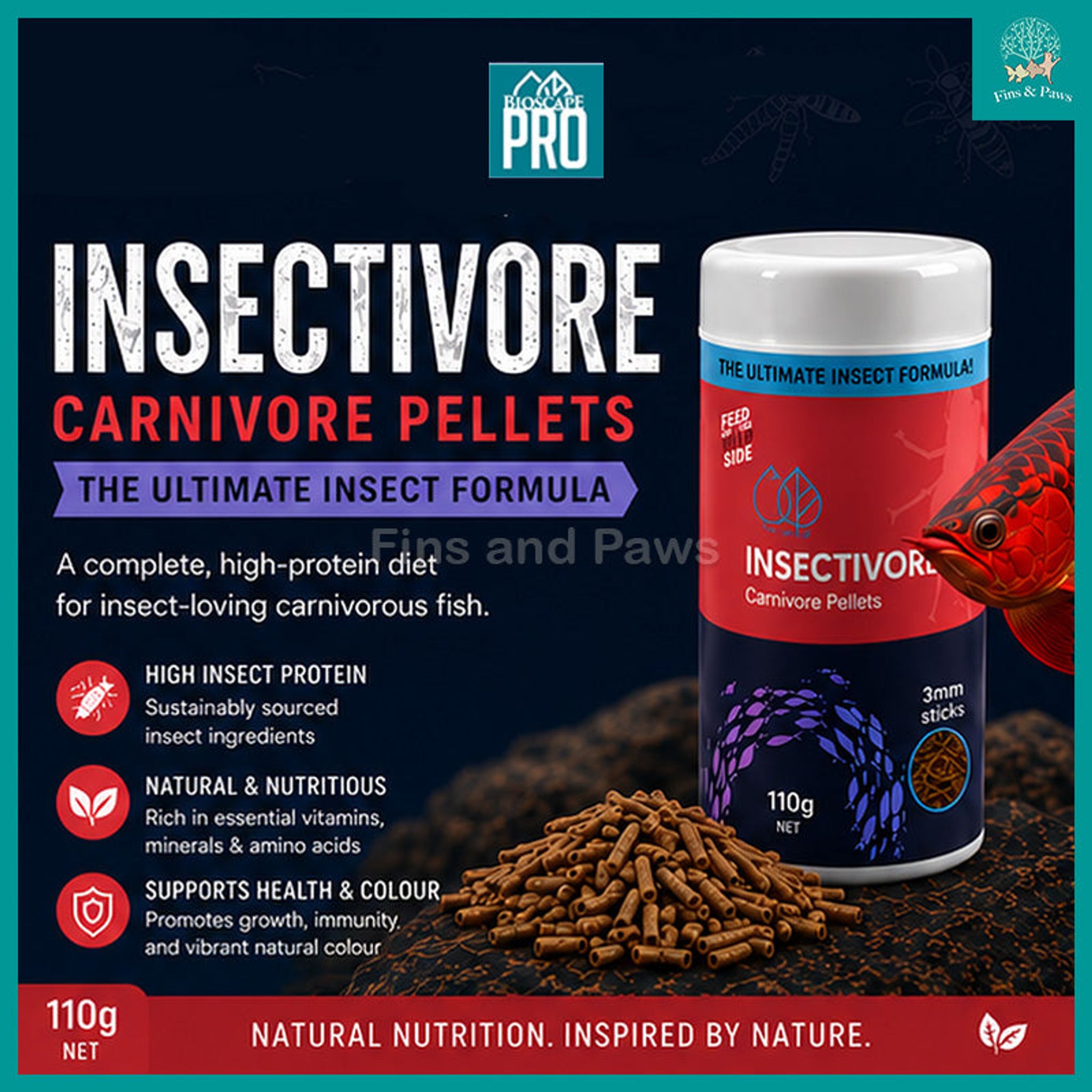 [Bioscape] Insectivore Carnivore Pellets Fish Food 110g (Made in Europe) – Ideal for medium carnivorous aquarium fish
