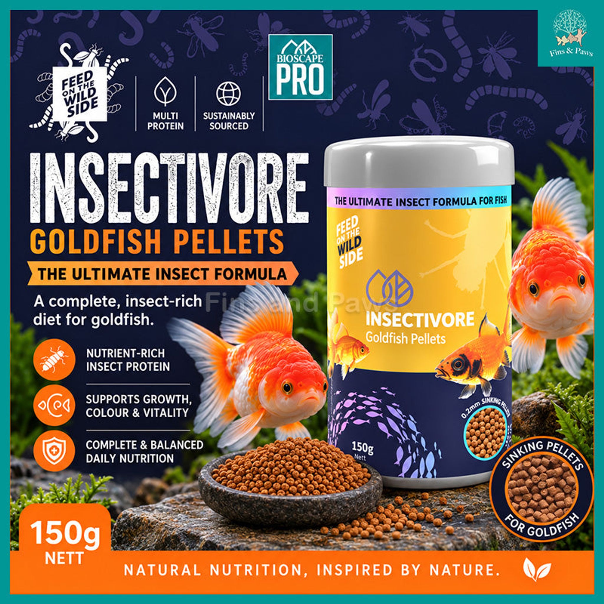 [Bioscape] Insectivore Goldfish Sinking Pellets Fish Food 150g (Made in Europe) – Ideal for Goldfish, Fancy Goldfish, including Oranda, Ranchu and Ryukin