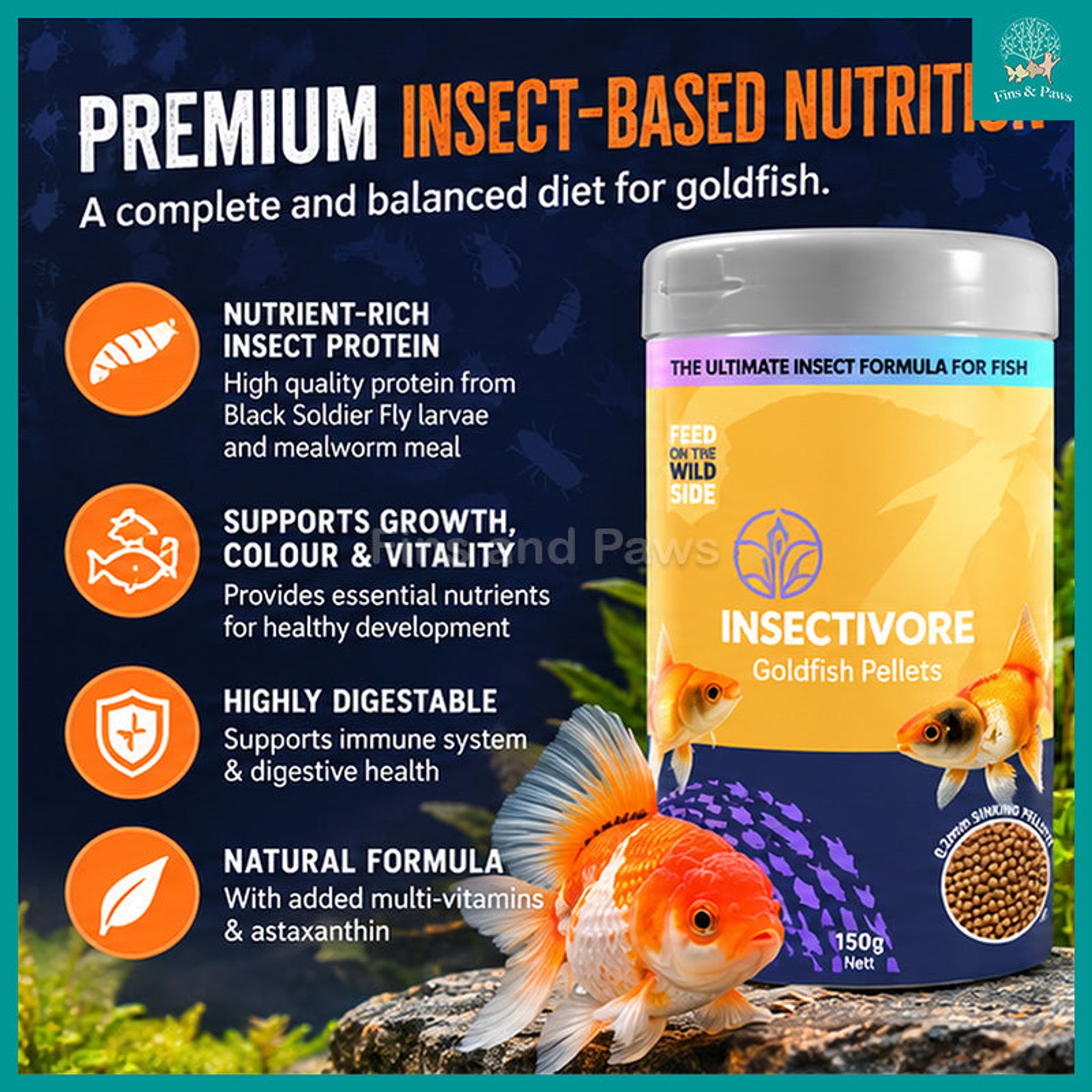 [Bioscape] Insectivore Goldfish Sinking Pellets Fish Food 150g (Made in Europe) – Ideal for Goldfish, Fancy Goldfish, including Oranda, Ranchu and Ryukin