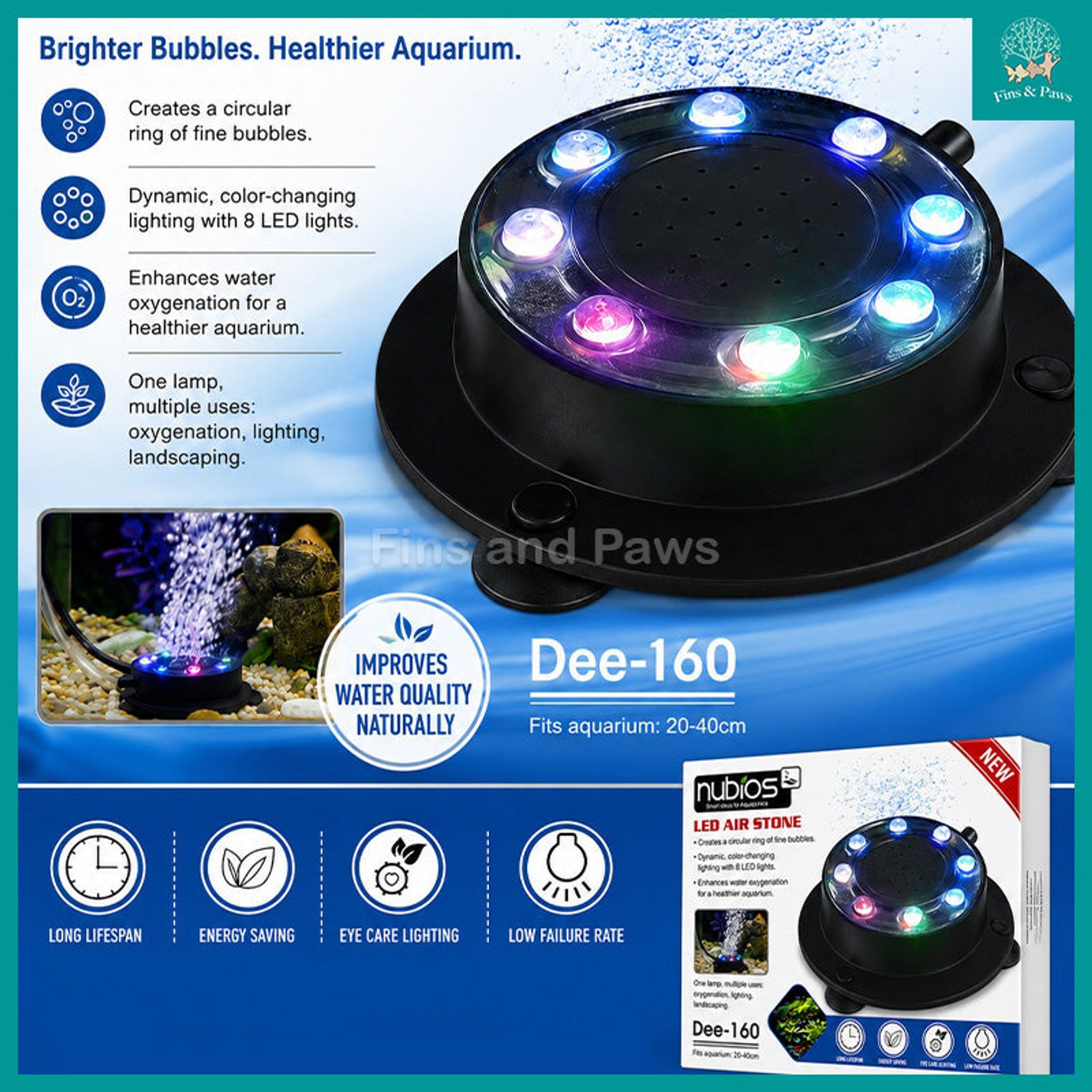 [Nubios] LED Aquarium Air Stone for 20-40cm Tanks - Automatic Color Changing LED