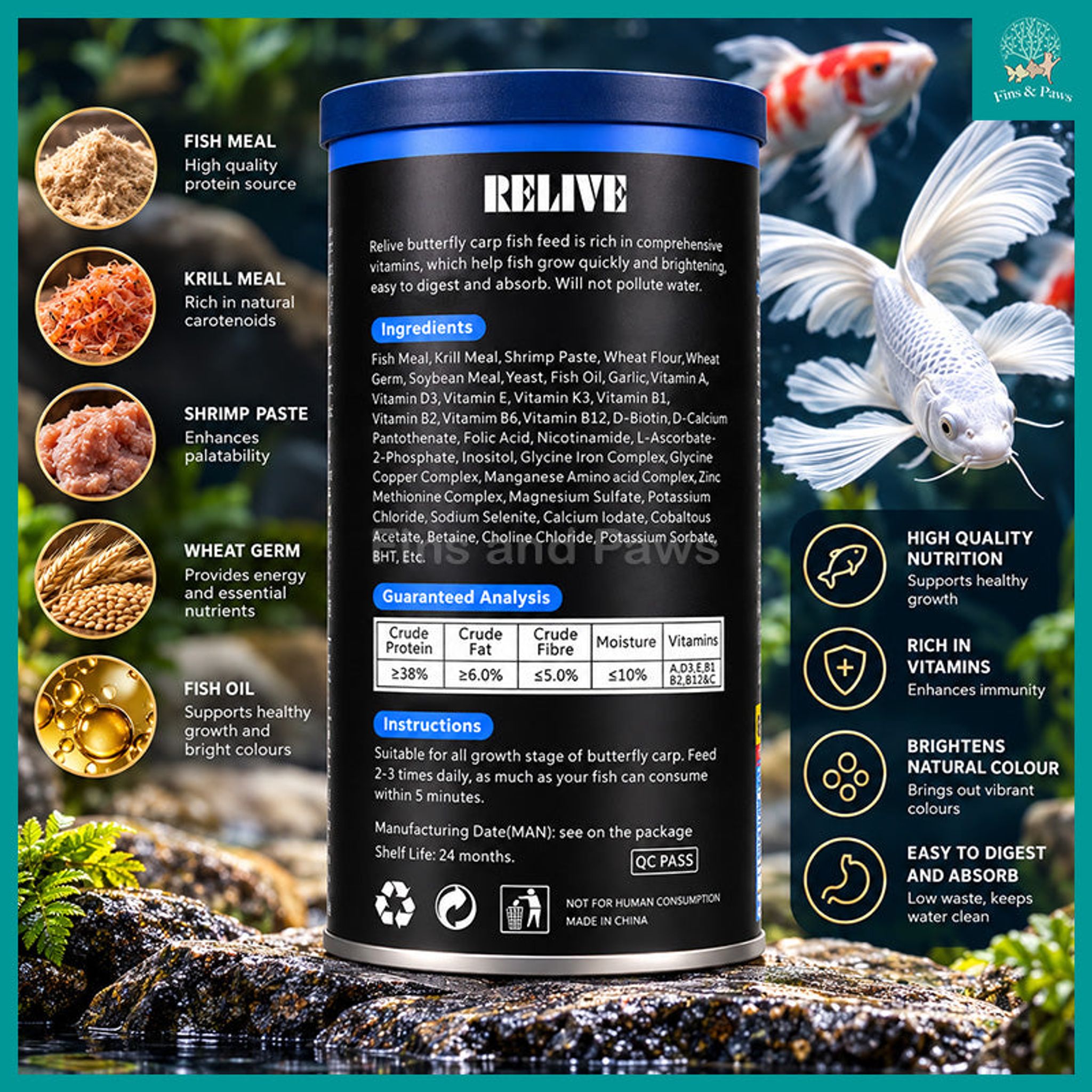 [Relive] Butterfly Carp Floating Pellet M Sized 100g - Koi Fish Feed Enriched with Vitamins