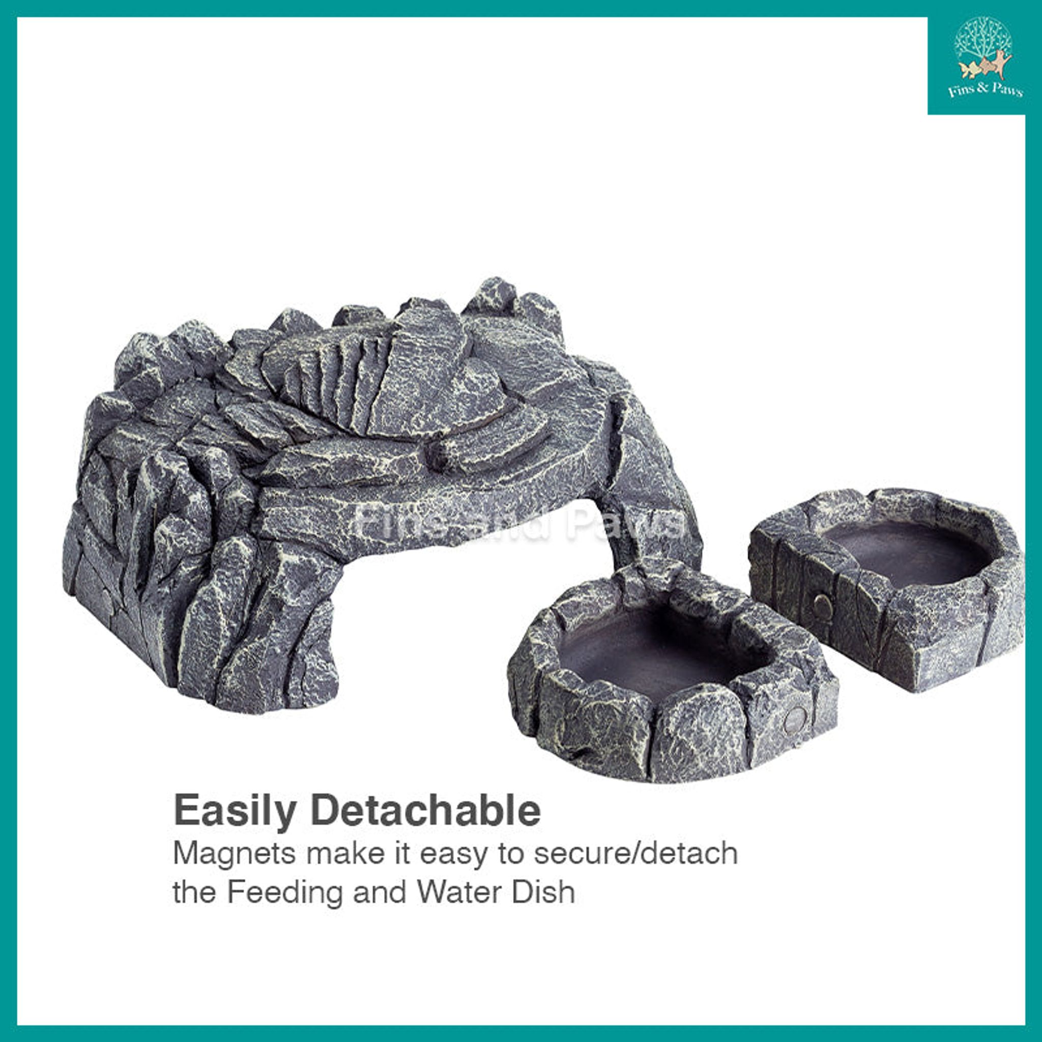 [ReptiZoo] Grey Rock Magnetic 3-in-1 Feeding and Water Dishes Cave Hideout Ornament suitable for Reptiles, Small Animals, Crabs, and Insects (EHR34)