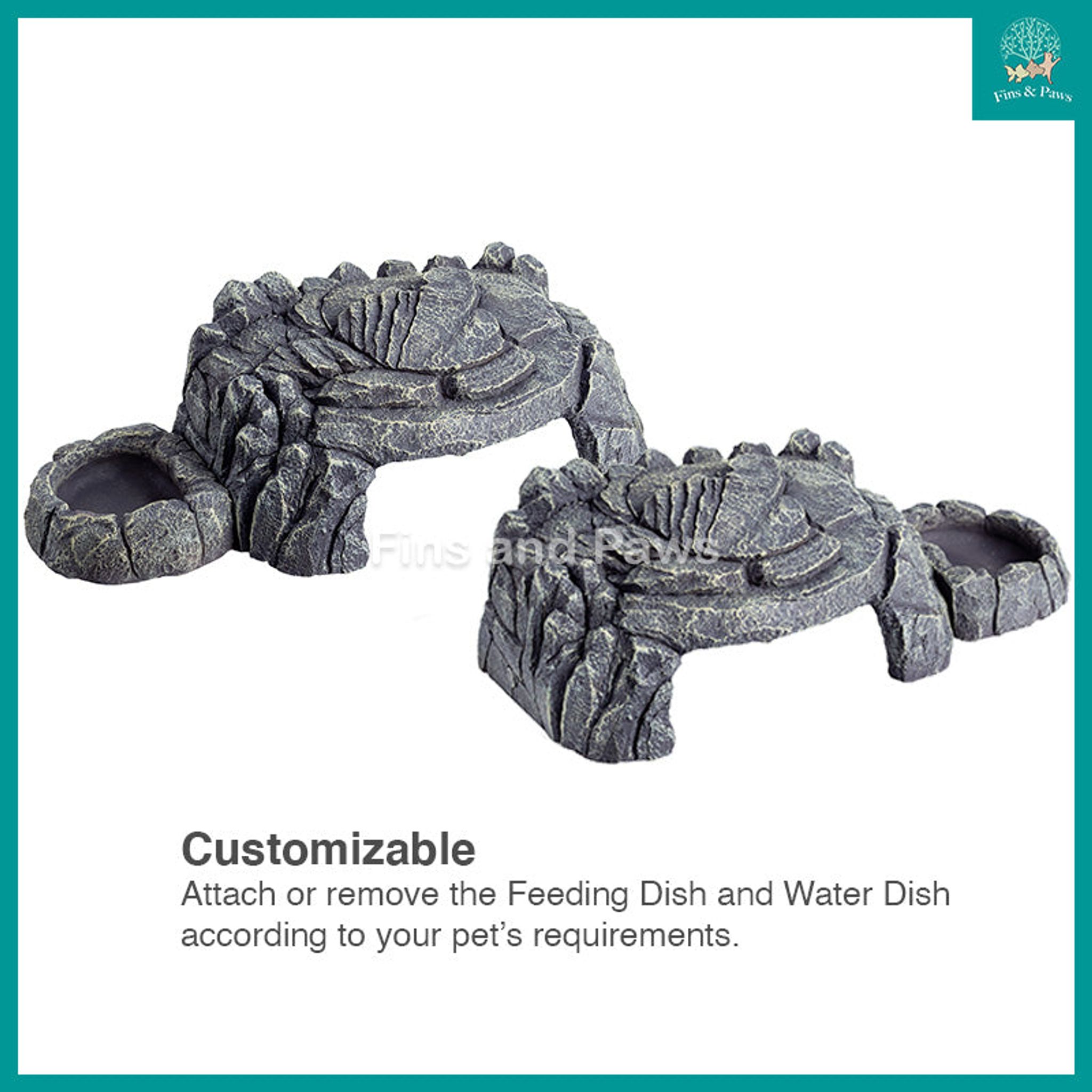 [ReptiZoo] Grey Rock Magnetic 3-in-1 Feeding and Water Dishes Cave Hideout Ornament suitable for Reptiles, Small Animals, Crabs, and Insects (EHR34)