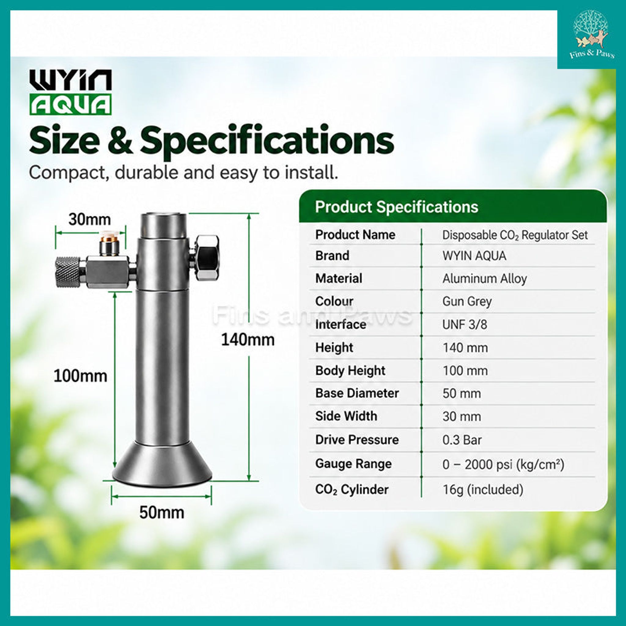 [Wyin Aqua] 16g Disposable CO₂ Regulator Set for Nano Planted Aquarium