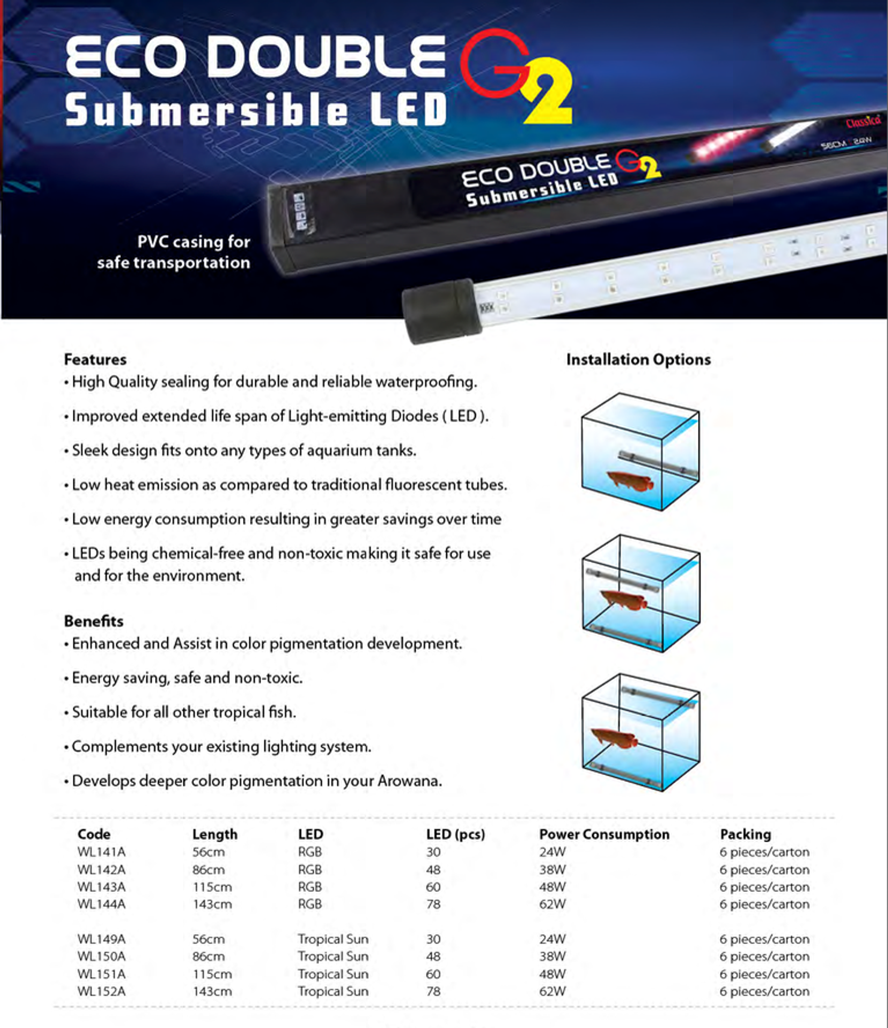 CLASSICA WL142A 86cm 38watt RGB ECO DOUBLE SUBMERSIBLE LED G2
