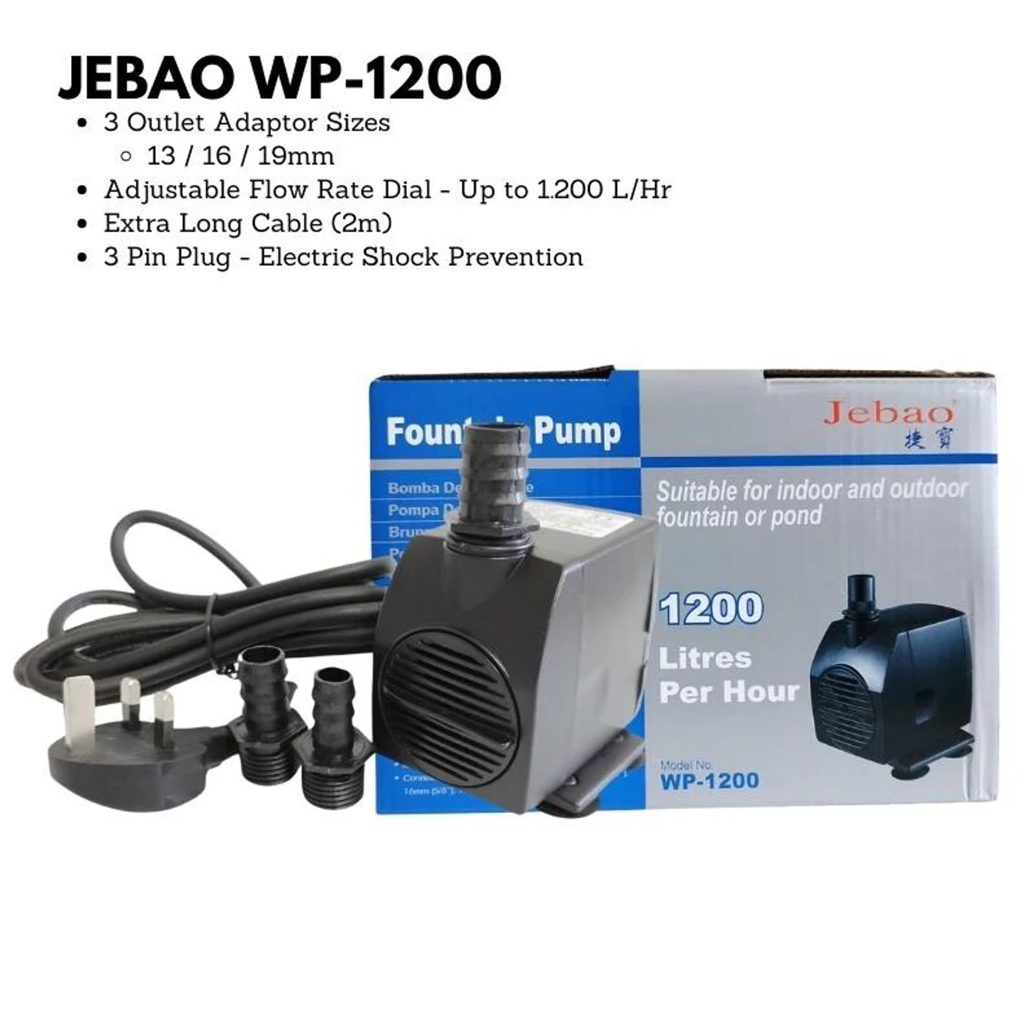 JEBAO WP1200 Outdoors Water Pump 2m Weather Proof Cable