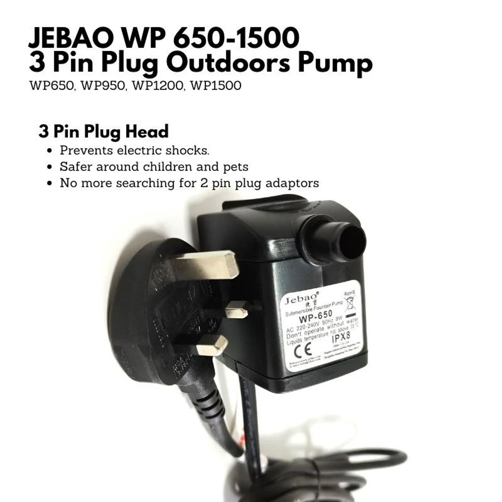JEBAO WP1200 Outdoors Water Pump 2m Weather Proof Cable