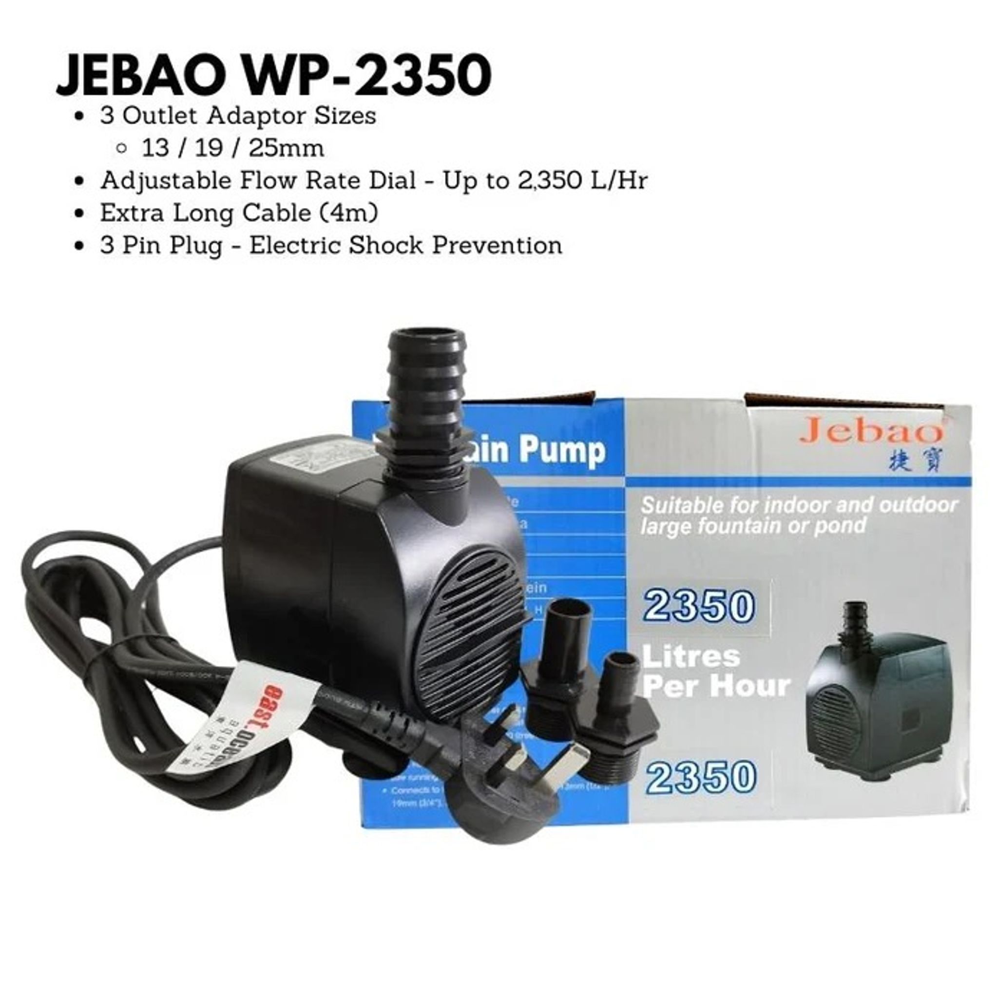 JEBAO WP2350 Outdoors Water Pump 4m Weather Proof Cable