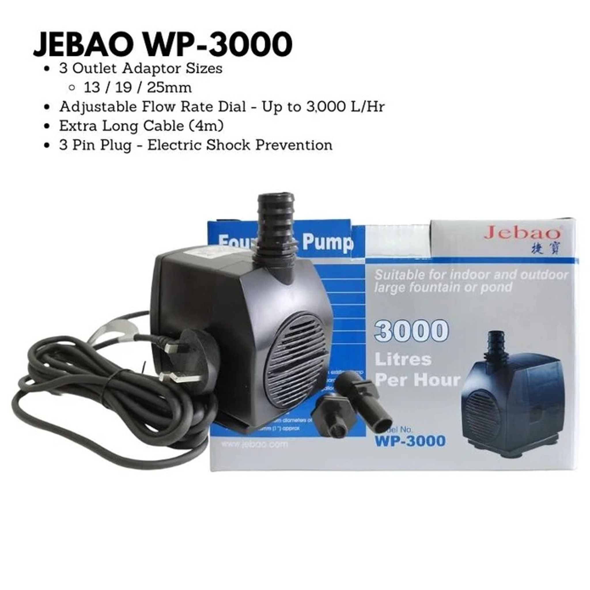 JEBAO WP3000 Outdoors Water Pump 4m Weather Proof Cable